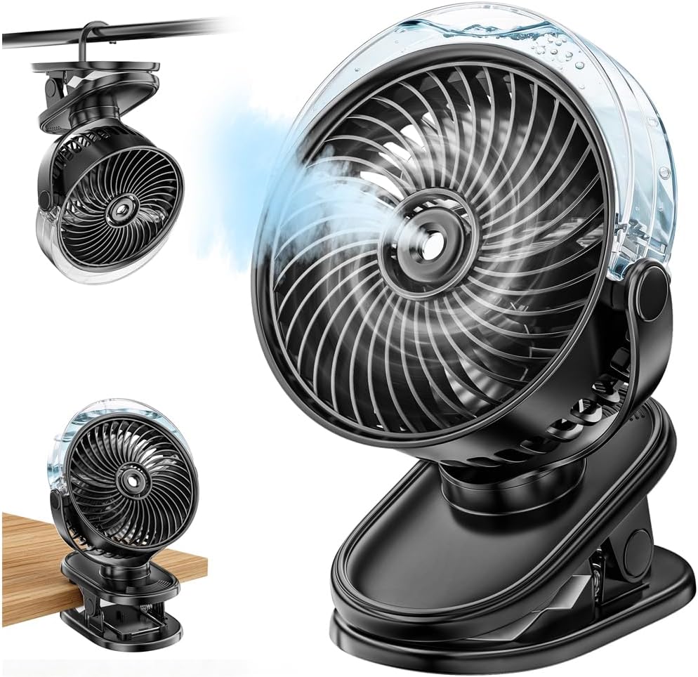 Portable Misting Clip on Fan, 6000mAh USB Rechargeable Personal Cooling Fan