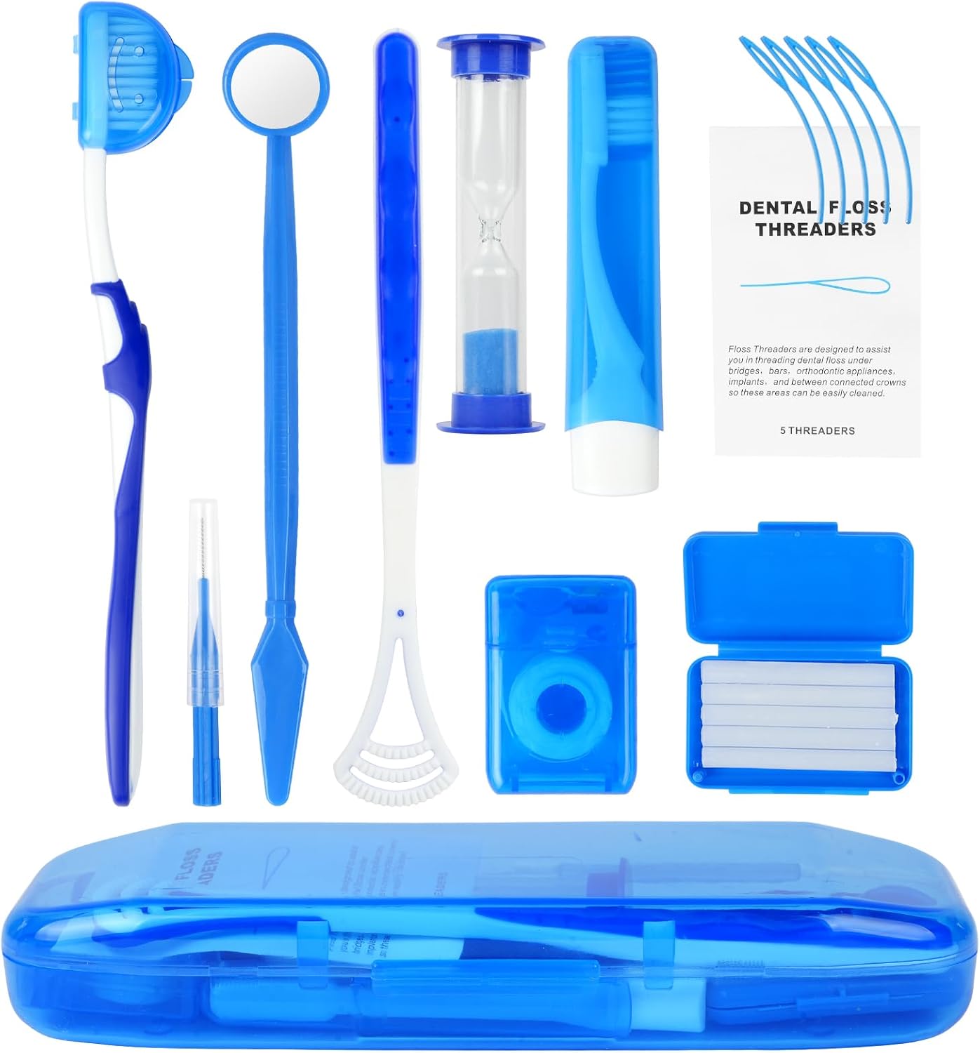 OFFCUP Orthodontic Care Kit, 9 Pack Braces Cleaning Set, Oral Care kit V-Brush Oral Mirror Ortho Wax Timer Dental Floss Threaders Interdental Brush Tongue Scraper (Blue)