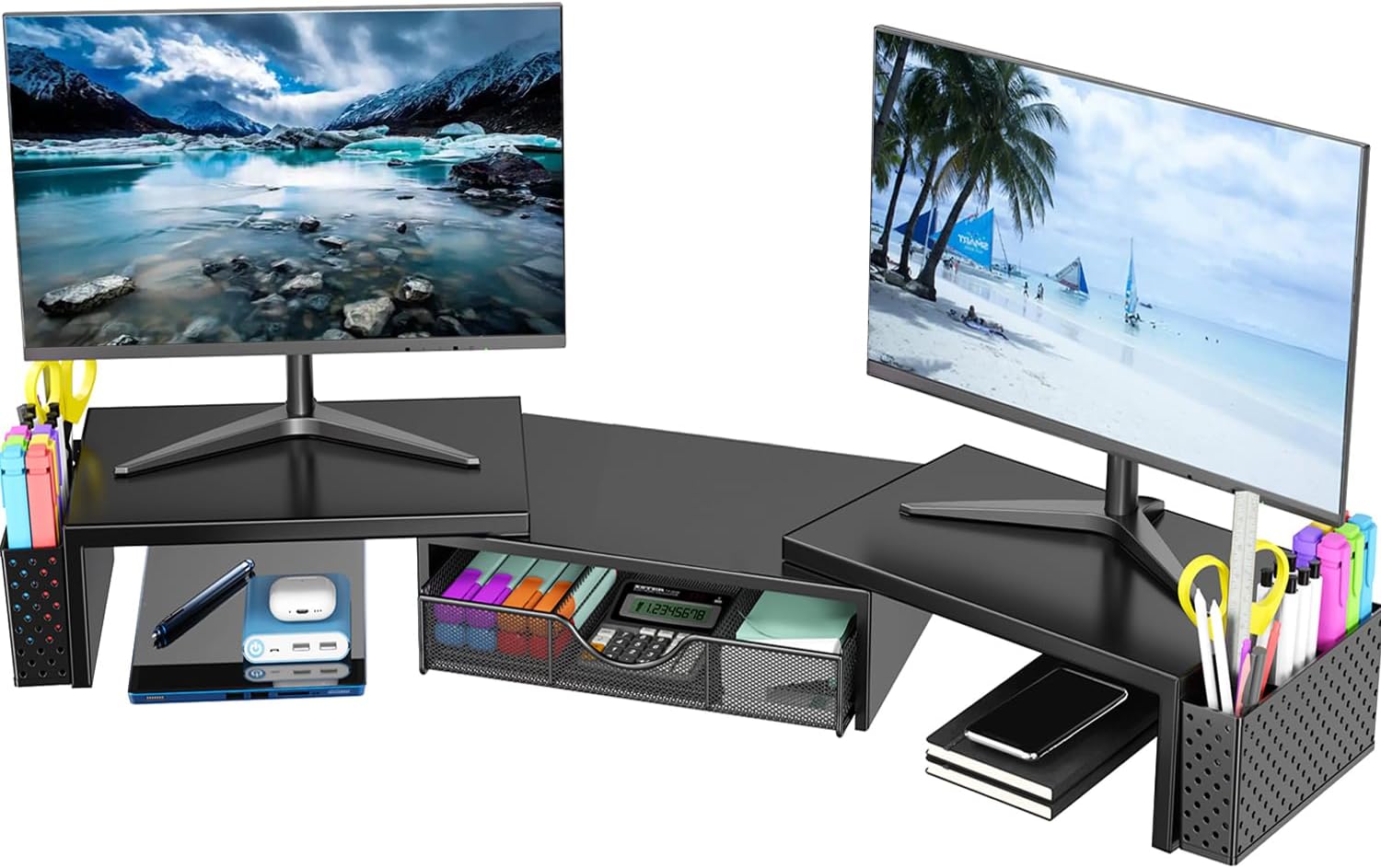 Spacrea Metal Desk Organizers and Accessories, Dual Monitor Stand Riser with Drawer and 2 Pen Holders, Desk Accessories & Workspace Desktop Organizers for Office Supplies (Black)