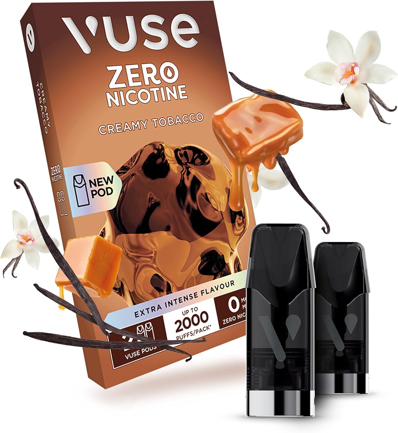 VUSE Creamy Tobacco Extra Intense Flavour Pods, Pack of 2, 2ml, Puff Activated, up to 2000* Puffs per Pack, Compatible with Vuse Pro and GO RELOAD Devices, 0mg Strength, Nicotine-Free Vaping**