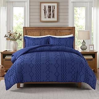 JML Queen Size Comforter Set, 3 Pieces Bedding Comforter Set with 2 Pillowcase, Shabby Chic Jacquard Tufted Geometric Comforter Bedding Set for All Season, Navy