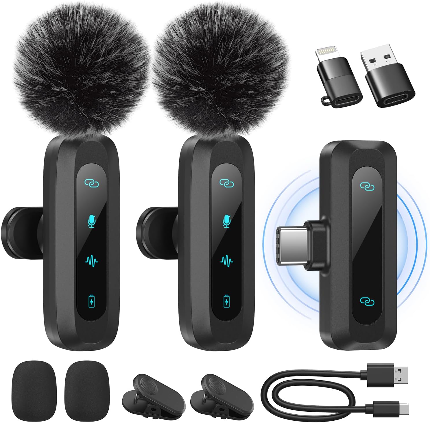 Wireless Lavalier Microphone for iPhone, iPad, Android Phone, 2-Pack Mini Microphone with Noise Reduction, Auto Pairing and Mute & Reverb for Vlogging, Video Recording, TikTok, YouTube - Plug & Play