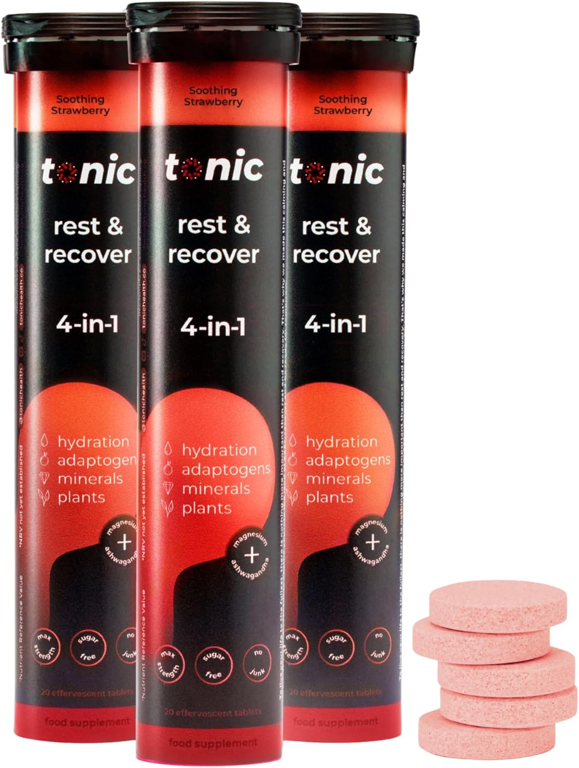 Tonic Health Rest and Recovery Effervescent Tablets - 300mg Elemental Magnesium, Ashwagandha, Lemon Balm - No Sugar, Magnesium Glycinate - Relax and Recharge, Strawberry 60 Count