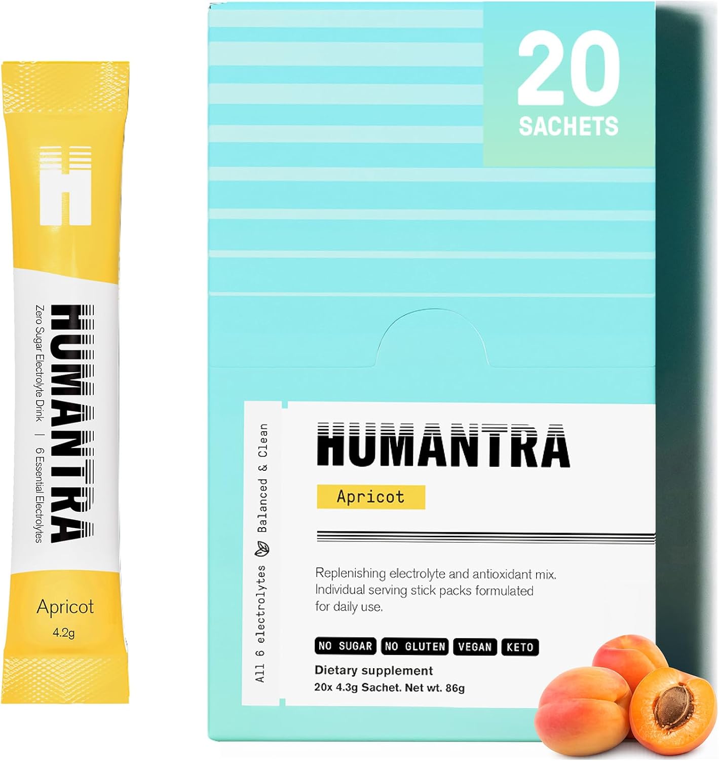 Humantra Electrolytes Powder - Apricot Flavor, 20ct - Powdered Hydration Sachets - Plant-Based Electrolyte with 6 Electrolytes - Vegan, Sugar Free, Gluten Free