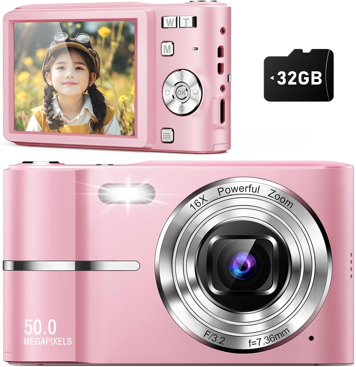 Digital Camera, FHD 1080P Kids Camera, 50MP Point and Shoot Camera with 16X Zoom Anti Shake, Compact Portable Small Camera for Girls Boys Teen Student with 32GB Card, 2 Batteries