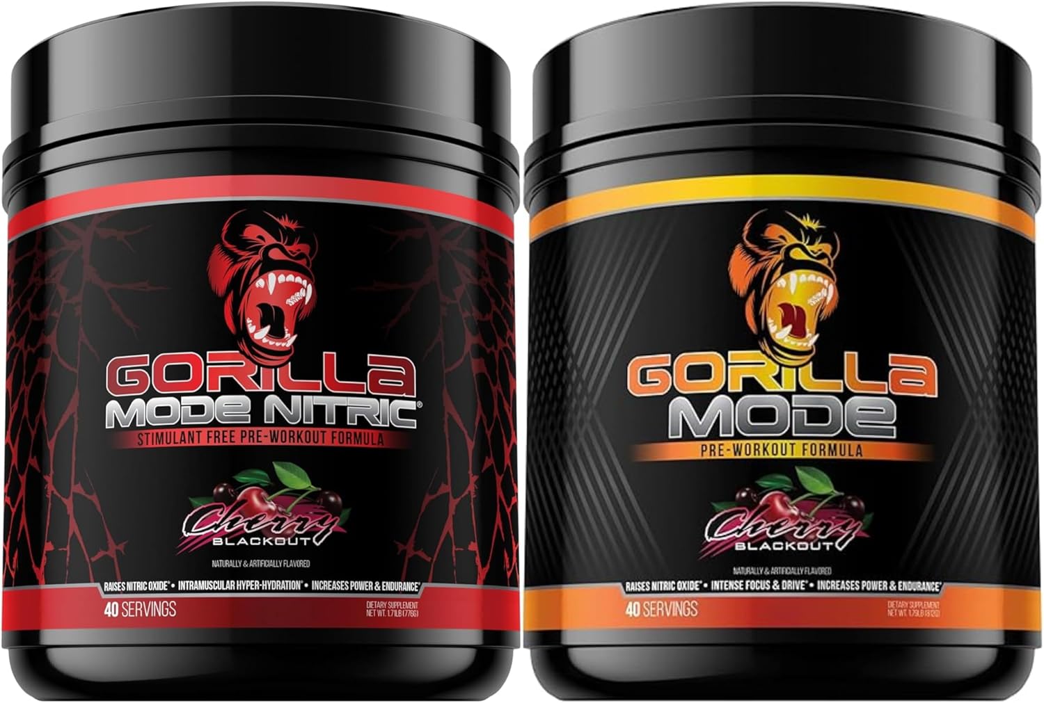 Gorilla Mind Mode Pre Workout & Gorilla Mode Nitric Upgraded Stimulant - Best Tasting & Most Effective Stimulant Free Pre-Workout | Massive Pump | Laser Focus Energy Power (Cherry Blackout)