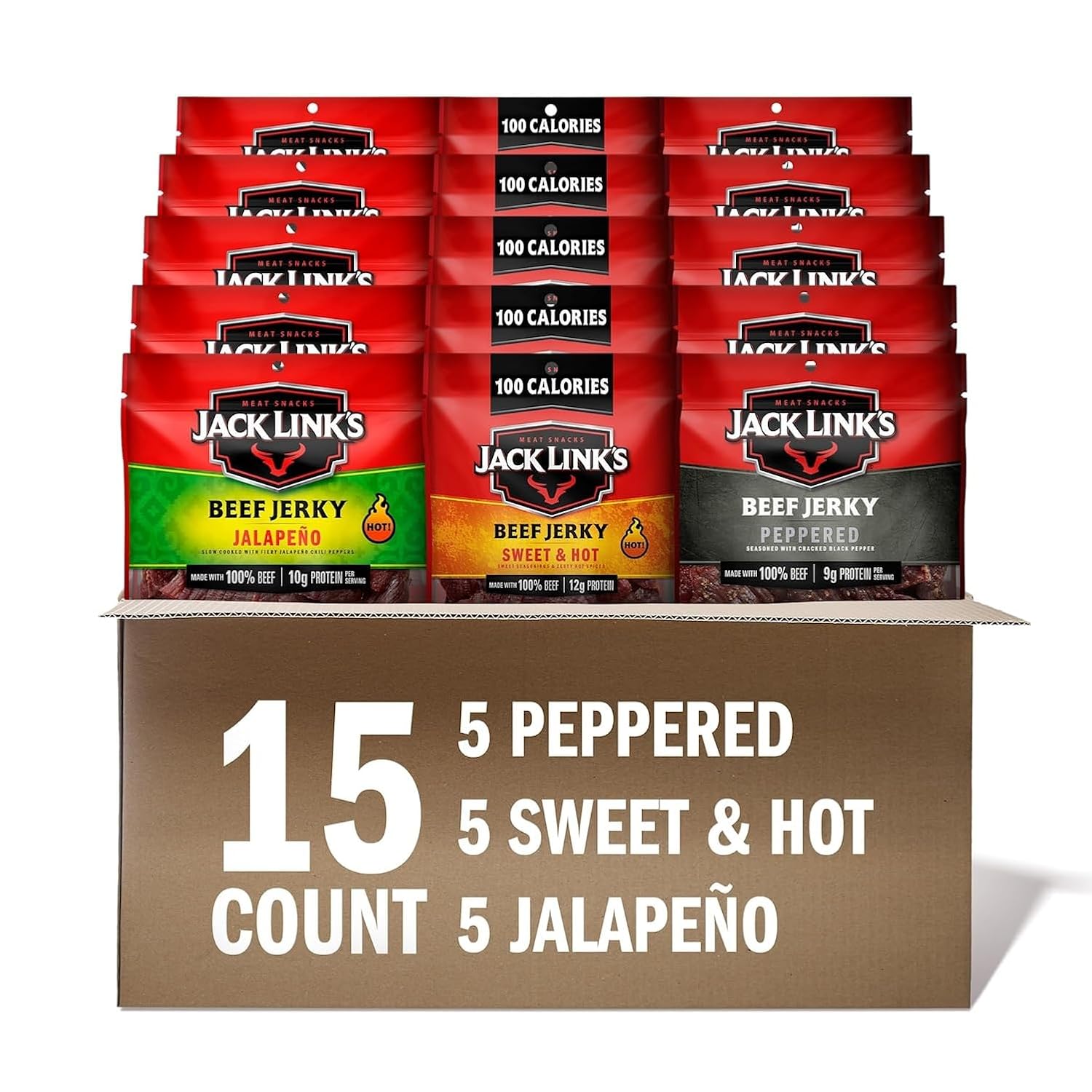 Jack Link's Beef Jerky Bold Variety Pack - Includes Sweet & Hot, Jalapeno and Peppered Jerky, Bulk Protein Snack Pack, Good Source of Protein, Meat Snacks Made with 100% Beef - 1.25 Oz (Pack of 15)