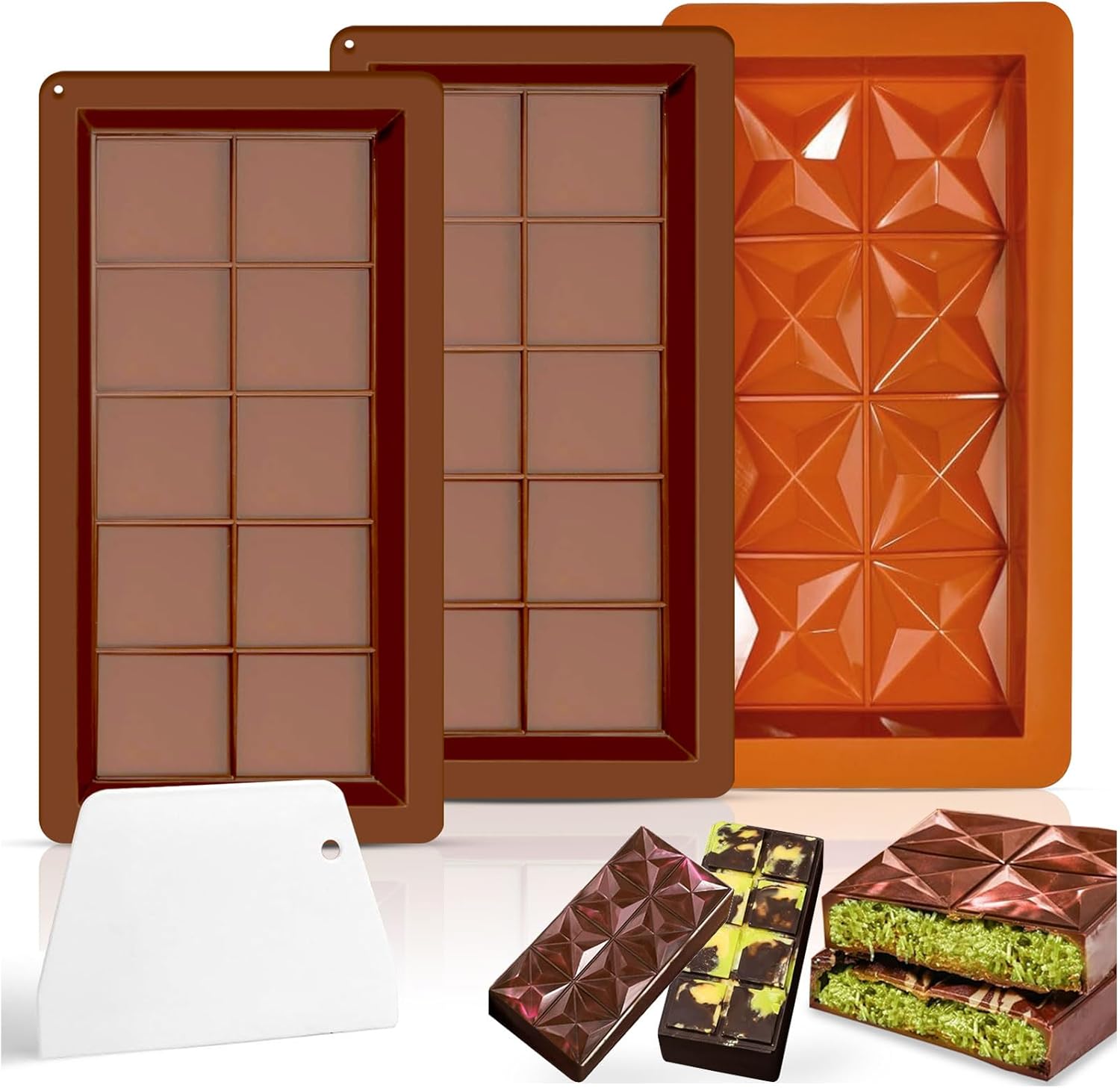 Audasi Deep Chocolate Moulds, 3pcs Silicone Big Chocolate Bar Moulds with Spatula Thick Chocolate Bar Mould Sweet Moulds Candy Moulds Jelly Moulds for DIY Baking