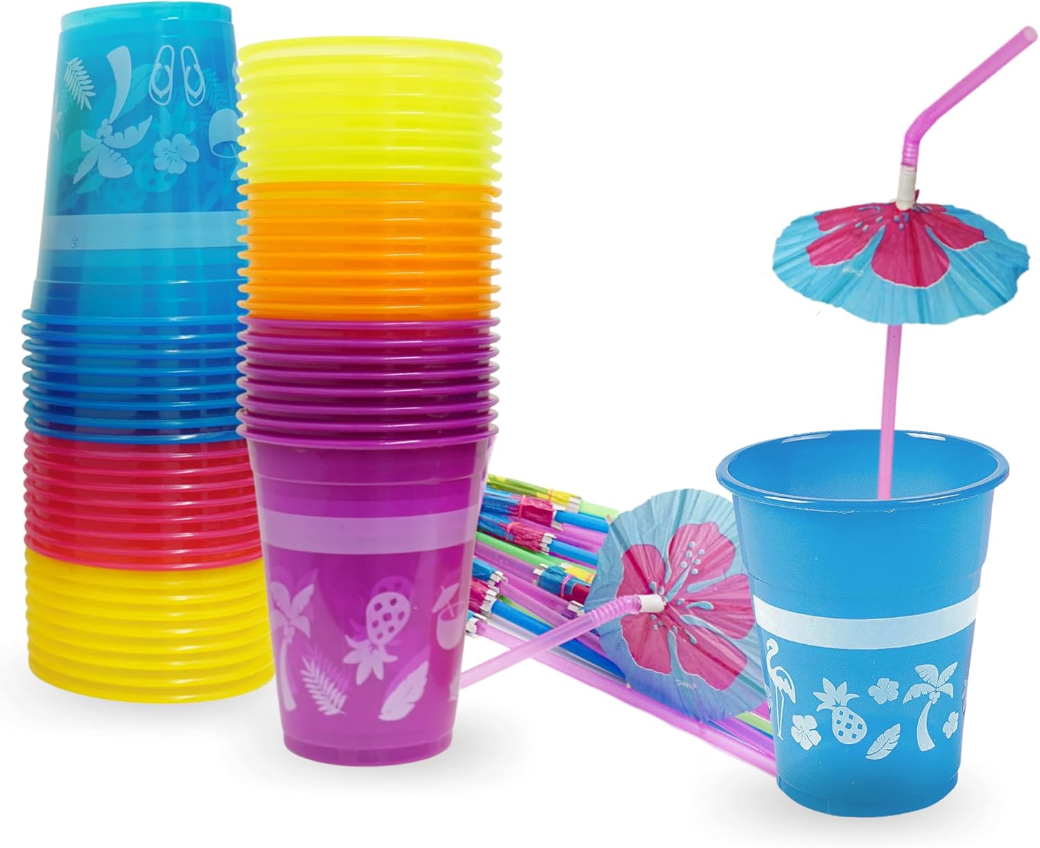 4E's Novelty 48 Packs Tropical Party Cups with Parasol Straws - Disposable Plastic Cups 16oz BPA free, for Hawaiian Luau Party and Pool Parties, Beach Theme Birthday Decorations for Kids & Adults