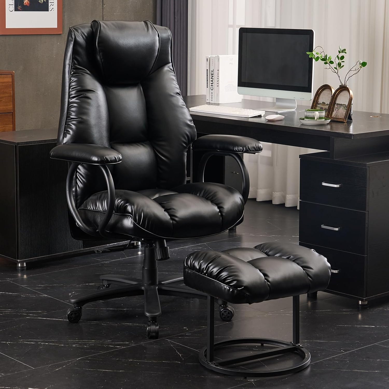 Big and Tall Ergonomic Executive Office Chair with Ottoman, 400lbs, Adjustable, PU Leather (Black)