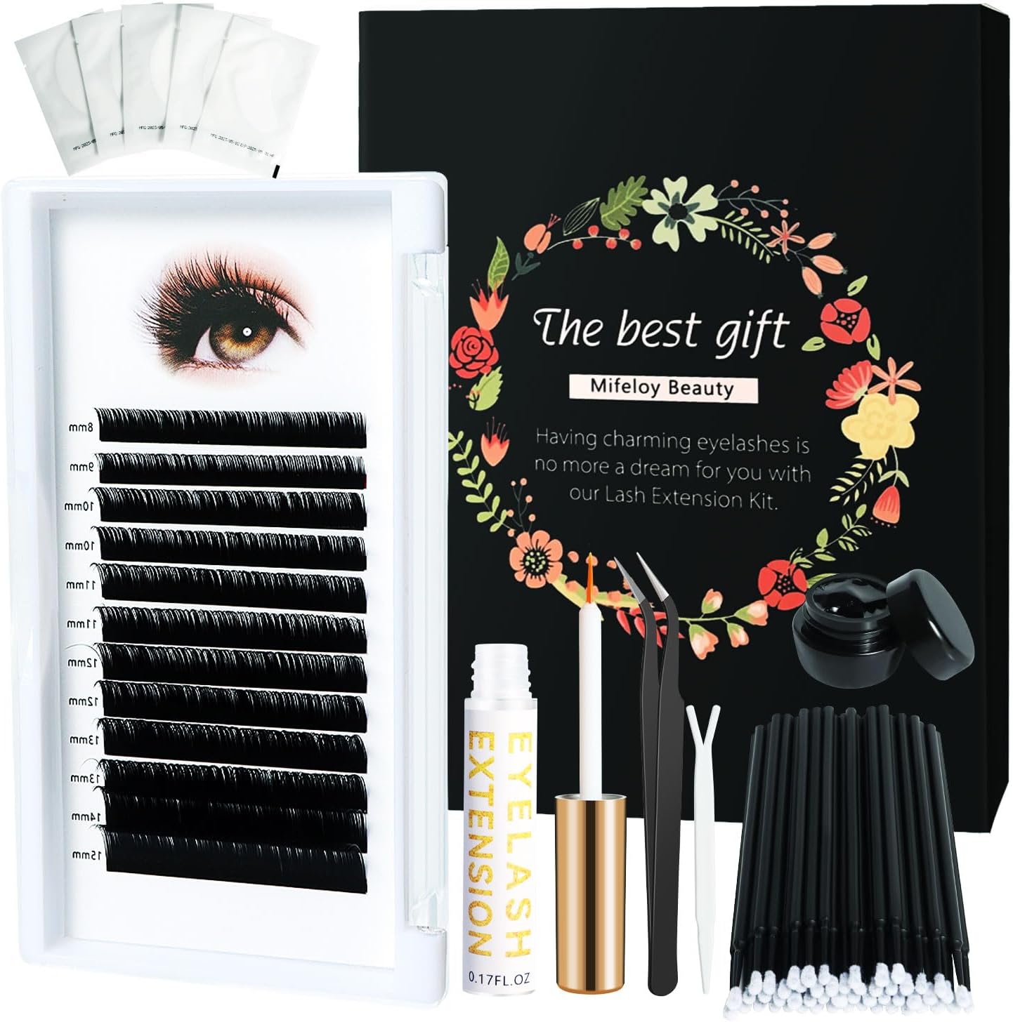 7pcs Individual Lash Extension Kit, 8-15mm C Curl False Eyelash DIY, Lashes Glue, Glue Remover, Micro Lash Brush, Tweezer, Y Shaped Fork, Under Eye Gel Pads, Women Home Use Beginner Lash Tool Set