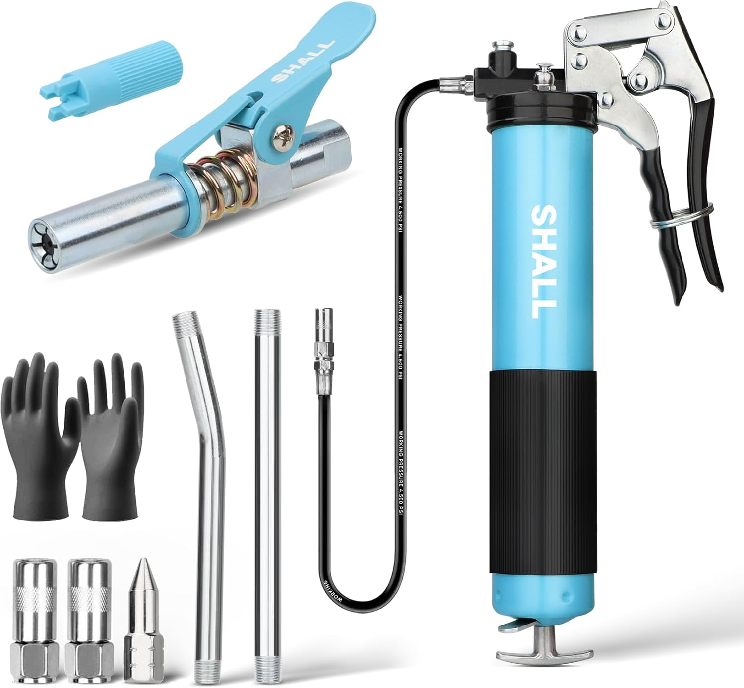 Shall Grease Gun, 7000 PSI Heavy Duty Pistol Grip Grease Gun Kit w/Grease Gun Coupler, 18” Spring Flex Hose, 2 Reinforced Coupler, 2 Extension Rigid Pipe, Sharp Nozzle, Fittings Cleaner | 14oz Load