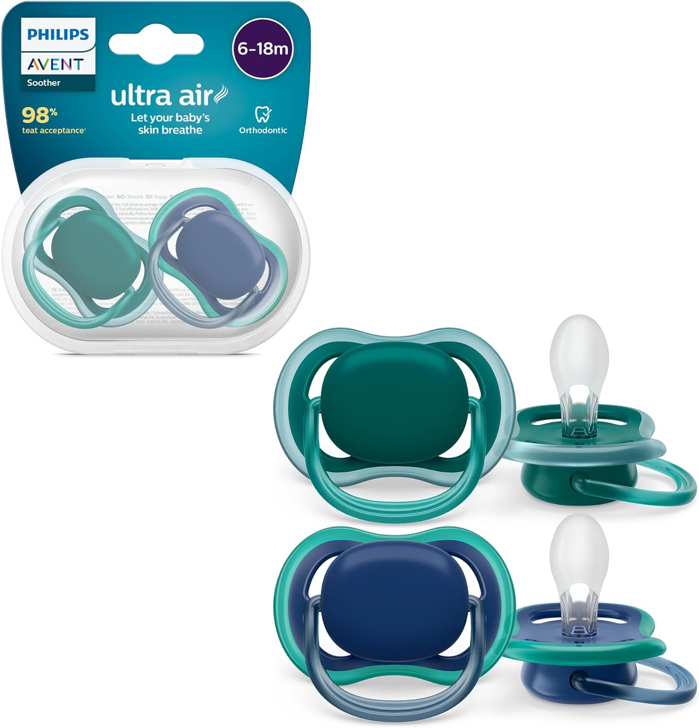 Philips Avent Ultra Air Pacifiers, Light Breathable Pacifiers for Babies Aged 6-18 Months, BPA Free, with Sterilizer Carry Case, 2 Pack, Model SCF085/31