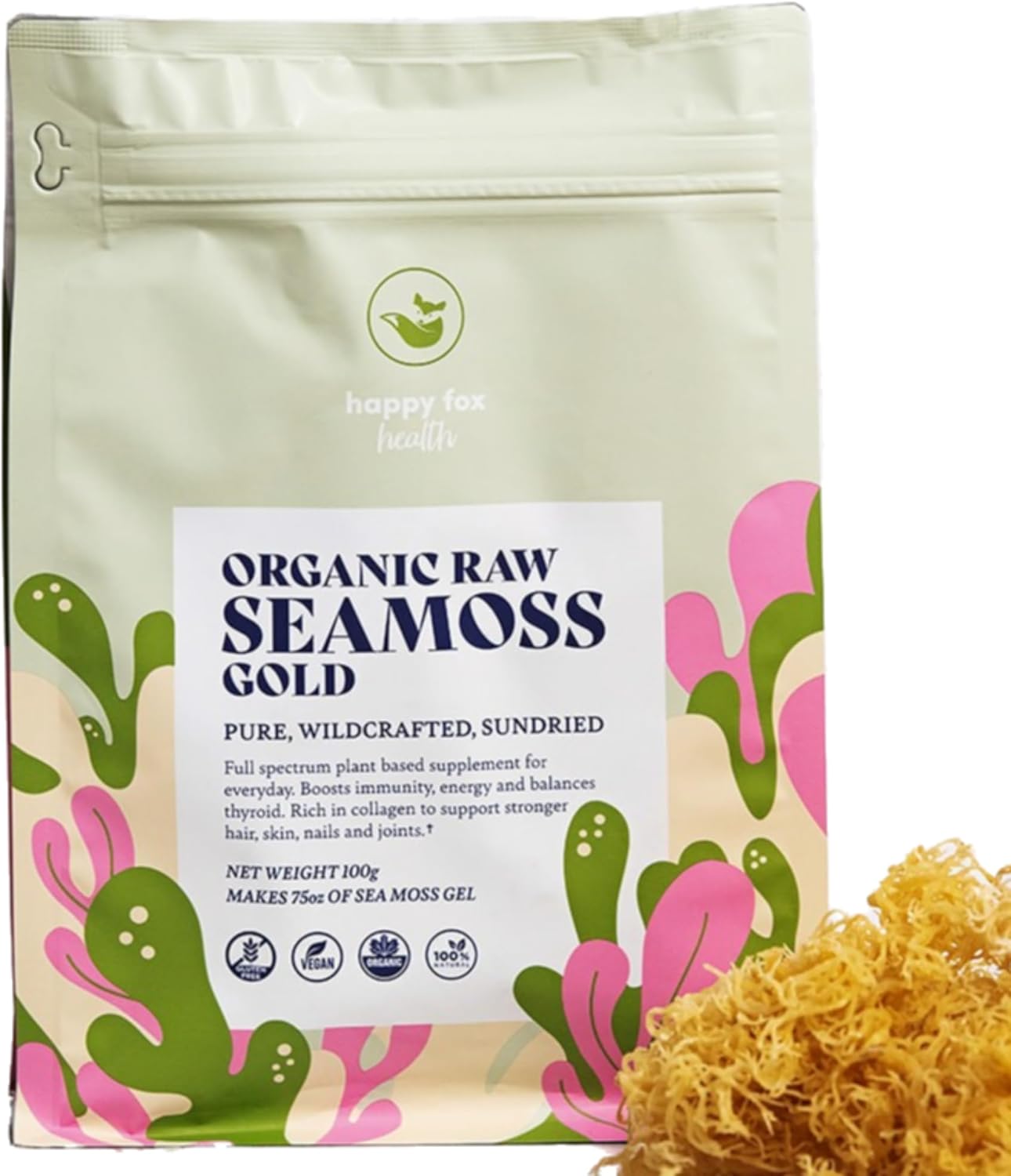 HAPPY FOX Organic Sea Moss Raw Gold - Makes 75oz of Seamoss Gel Rich in Vitamins & Minerals, Certified Non-GMO, Wildcrafted, Sundried Superfood - 100 gram Bag