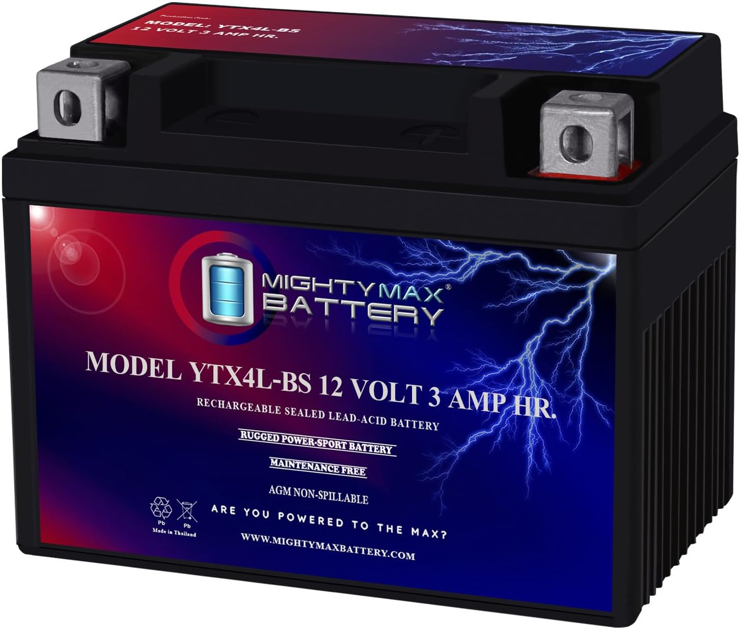 Mighty Max Battery YTX4L-BS - 12 Volt 3 AH, 50 CCA, Rechargeable Maintenance Free SLA AGM Motorcycle Battery