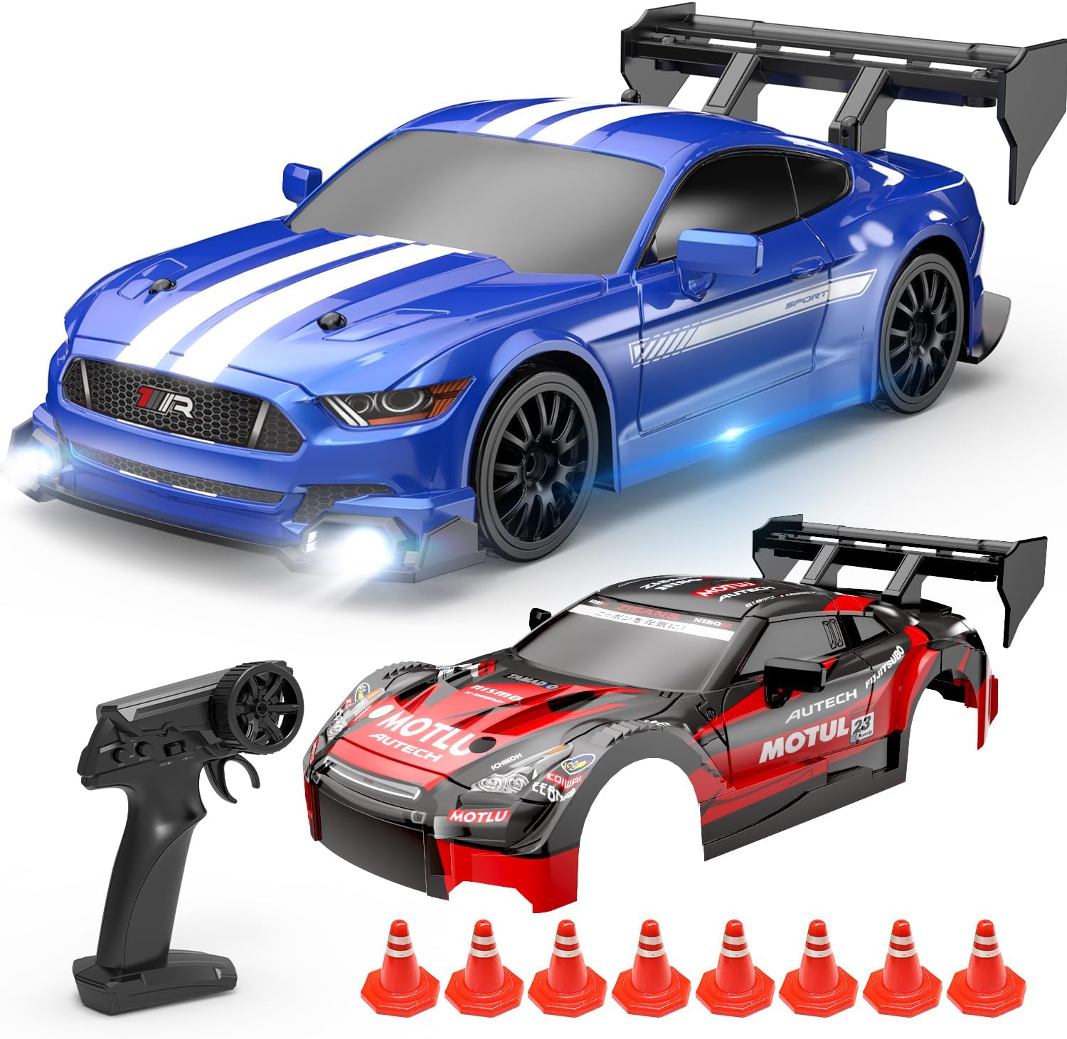 HOLYFUN RC Drift Racing Car Toy for Kids, 4WD 2.4GHz Remote Control Car with 2 Shells, Drift Tires, LED Lights, Extra Drift Tires, 2 Batteries (20 Min)