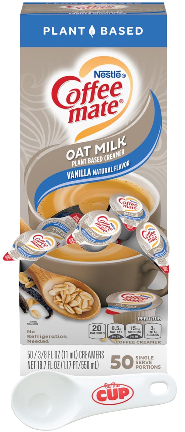 Nestle Coffee mate Plant Based Liquid Coffee Creamer Singles, Vanilla Flavored Oat Milk, 50 Ct Box with By The Cup Coffee Scoop