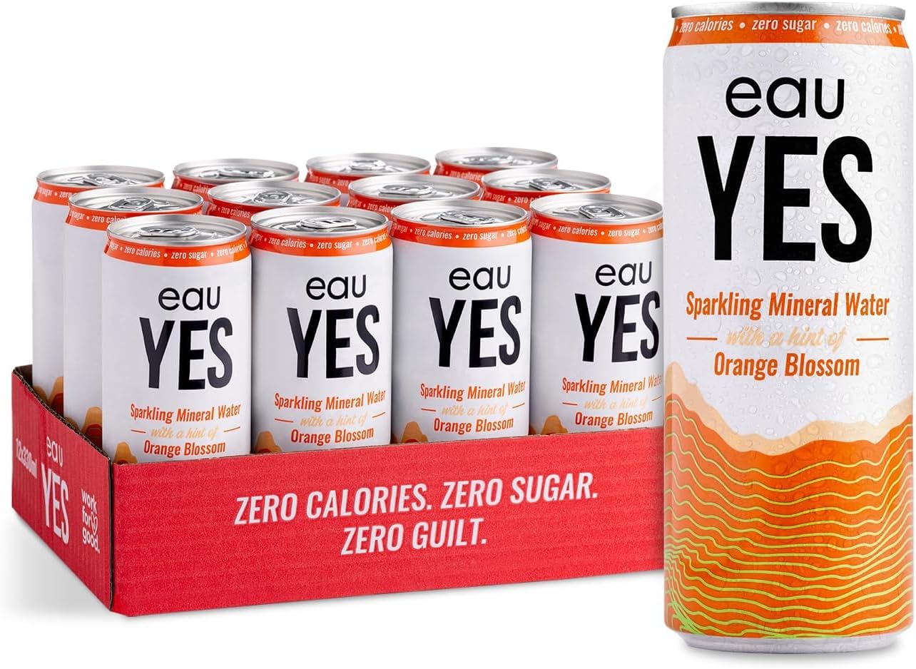eauYES - Sparkling Mineral Water with a hint of Orange Blossom (12 x 330ml), All Natural, Zero Sugar, Zero Calories & Zero Sweeteners, Vegan & Keto Friendly, Eco-Friendly Brand