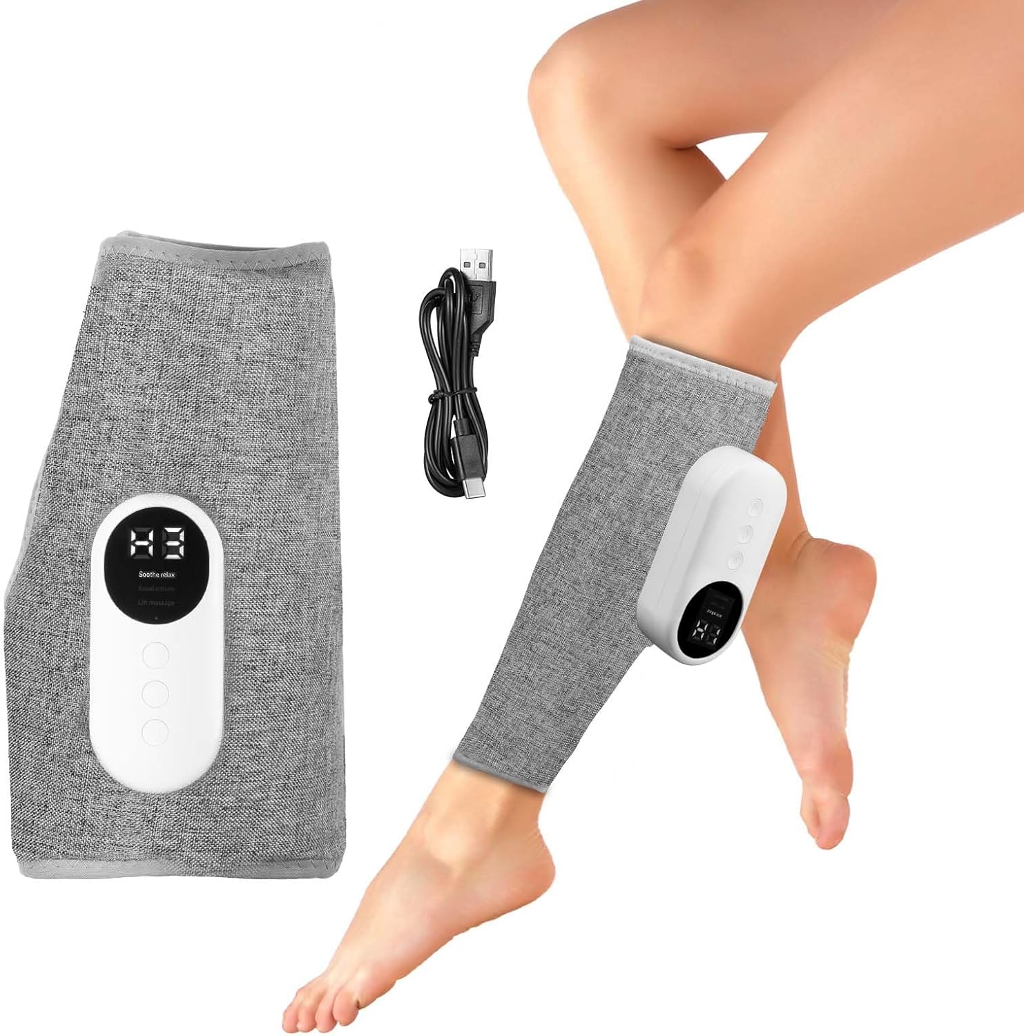 AOGOE Leg Massager, 1PCS Calf Massager for Circulation and Pain Relief, 3 Intensity Levels, 3 Massage Modes, Heat Therapy, Knee Massager with USB Type-C Rechargeable, Cordless Design, Adjustable Size