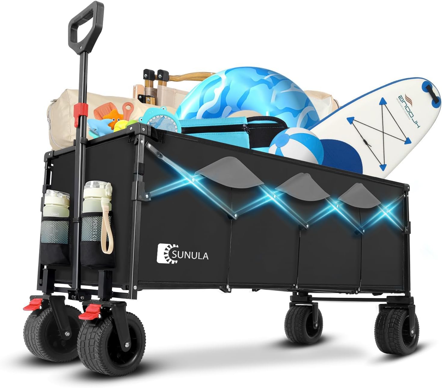 400L Folding Festival Trolley, 440LB Capacity Heavy Duty Collapsible Beach Wagon with Big All-Terrain Wide Wheels, Drink Holders, Brake, Foldable Outdoor Cart for Garden Camping, Black Grey