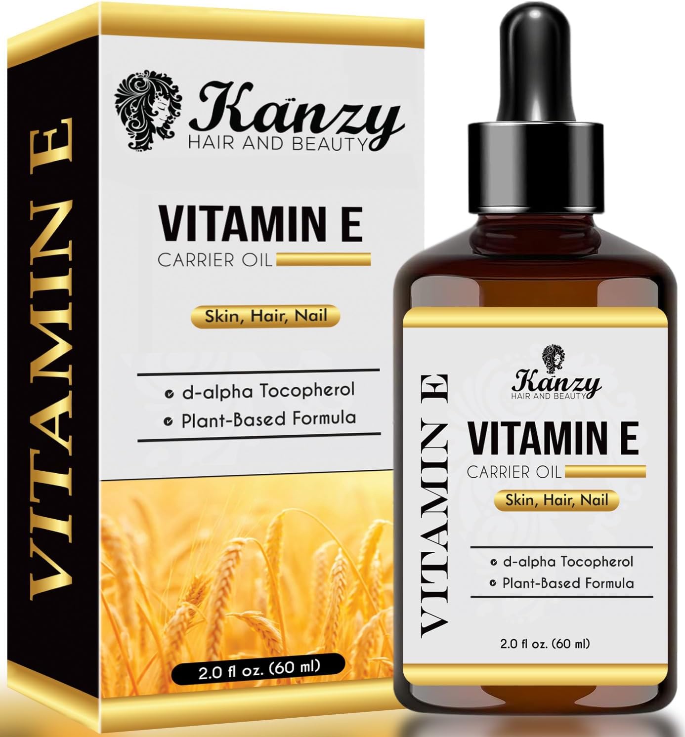 Kanzy Vitamin E Oil for Face & Skin Naturally Sourced Plant-Based Pure Vitamin E Oil for Hair d-Alpha-tocopherol Body Oil for Women & Men, Strengthens & Moisturizes Nails 60ml