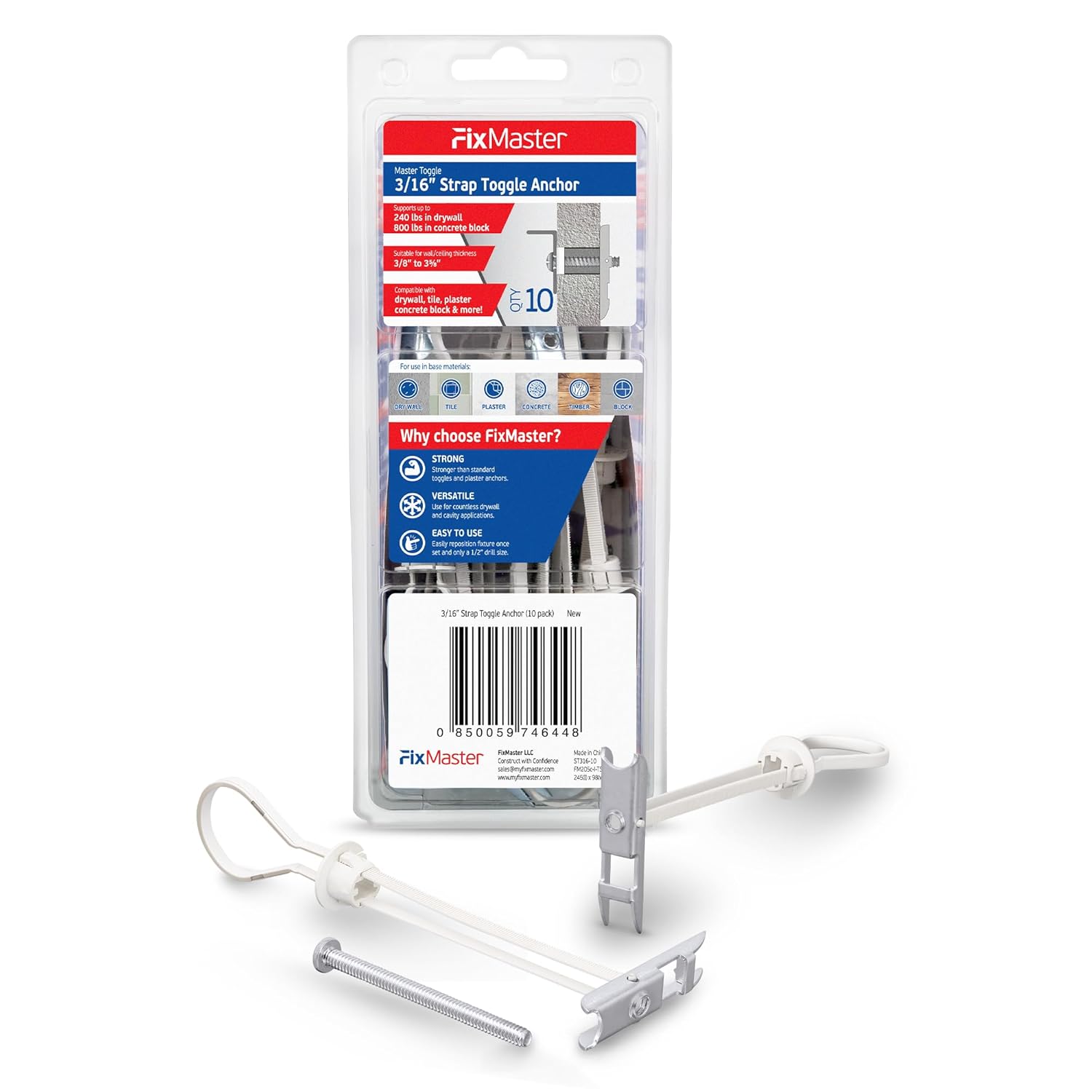 3/16" Heavy Duty Master Toggle-Bolt Strap Anchors (10 Pack) w/ 10 Steel Threaded Studs - 3/16"-24 UNC Fastener Size - Great for TV mounting, 240 lb Holding Strength