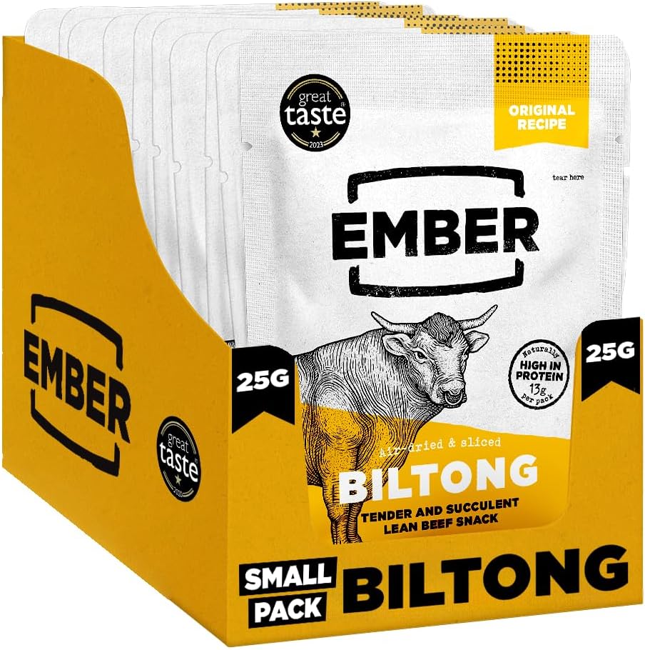Ember Snacks: Biltong Beef Jerky Original Flavour (10 x 25g) - Protein Keto Snacks - On The Go Snack