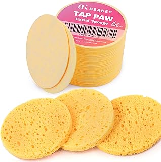 BEAKEY 60-Count Rounded Compressed Facial Cleansing Sponge, Reusable Cellulose Facial Sponges for Face Cleansing, Exfoliating and Makeup Removal, Cosmetic Spa Sponges for Estheticians