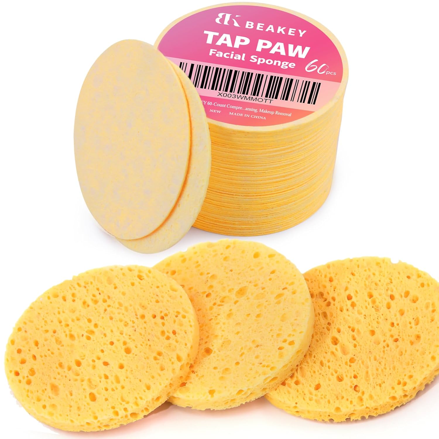 BEAKEY 60-Count Rounded Compressed Facial Cleansing Sponge, Reusable Cellulose Facial Sponges for Face Cleansing, Exfoliating and Makeup Removal, Cosmetic Spa Sponges for Estheticians