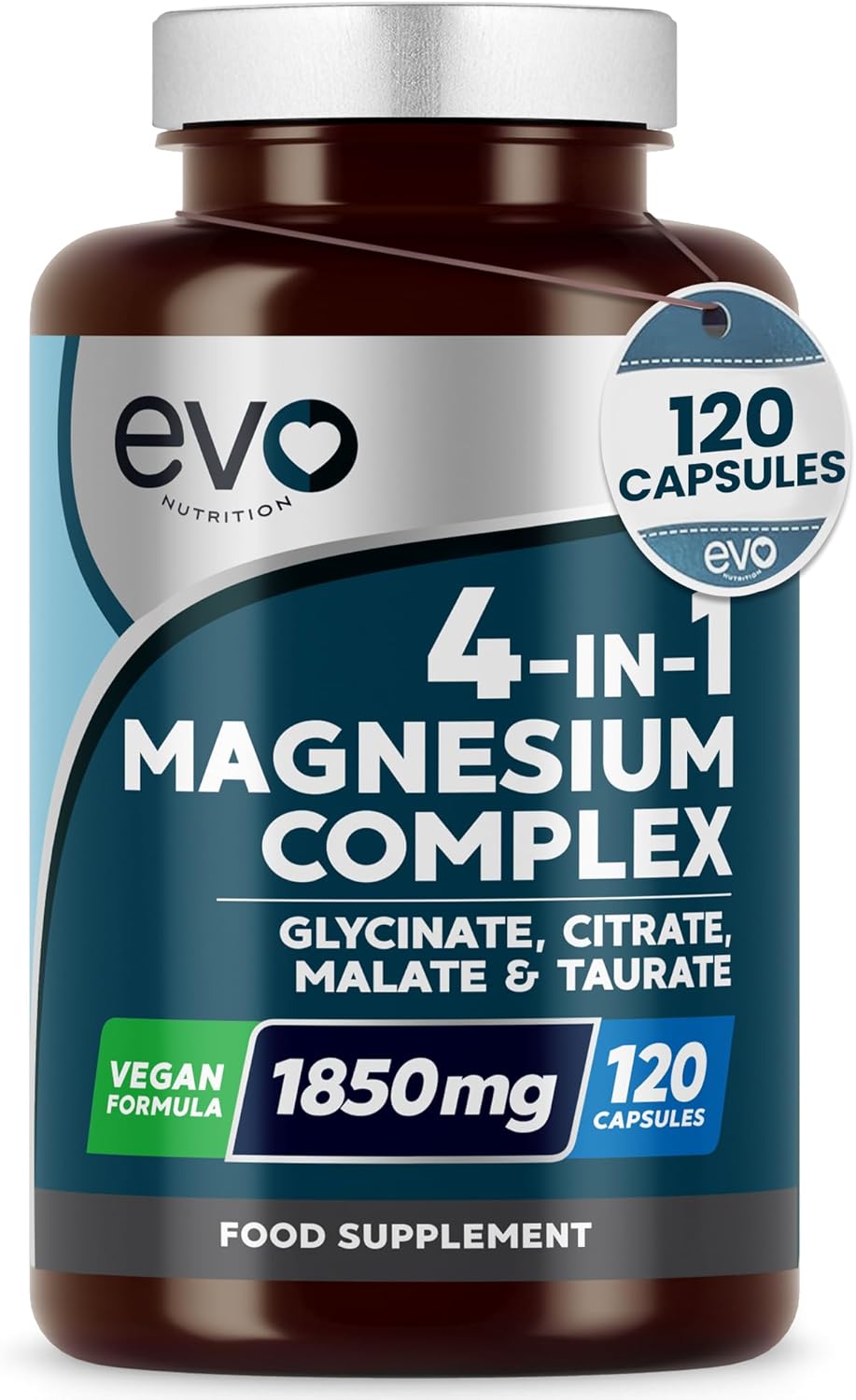 4-in-1 Magnesium Complex Supplements, 120 Capsules | High Strength 1850mg & 389mg Elemental, Chelated with Glycine to Support Sleep, Mood, Energy & Wellness | Vegan, UK Made, 2 Months | EVO NUTRITION
