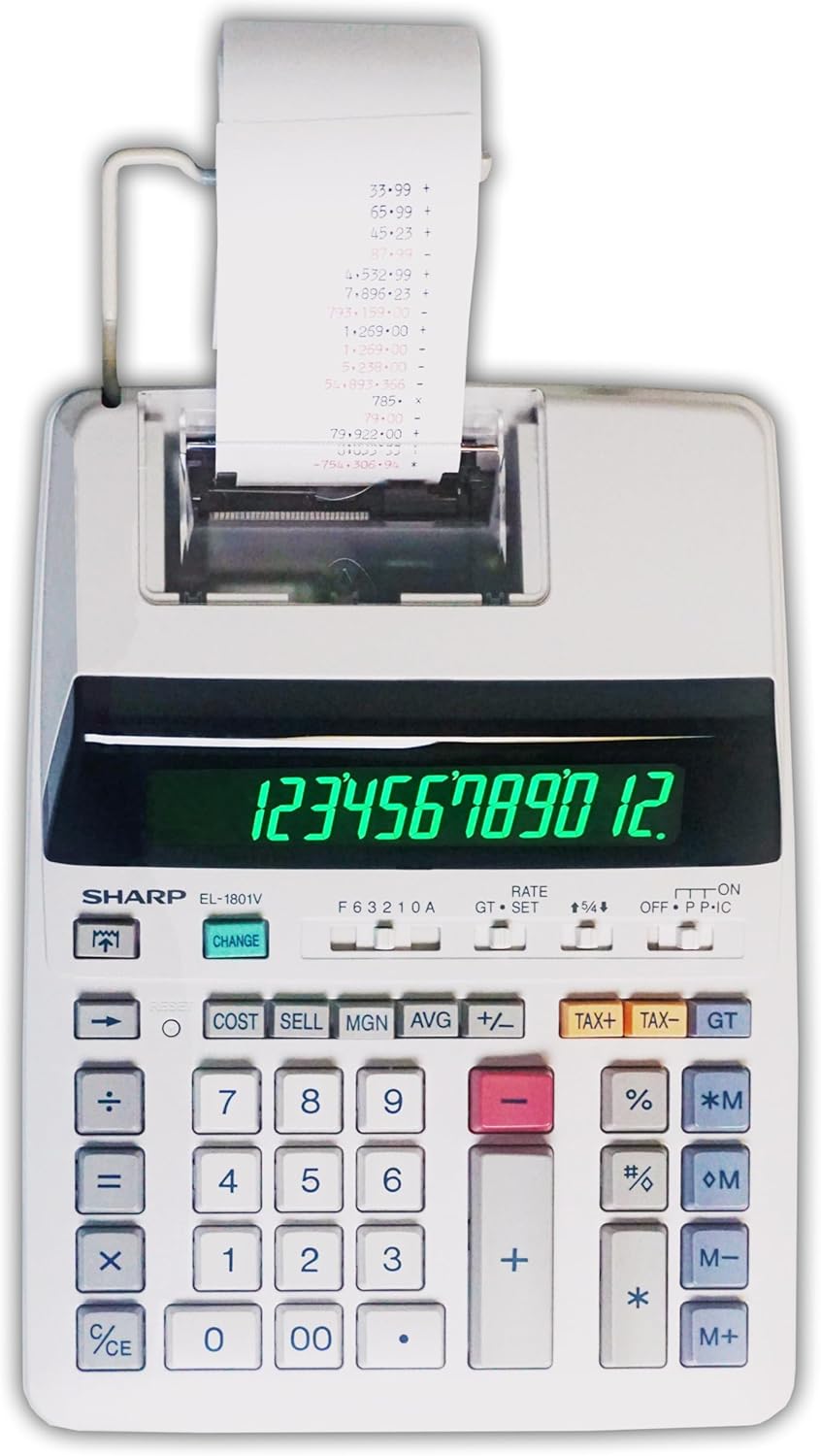 Sharp EL-1801V Ink Printing Calculator, 12-Digit LCD, AC Powered, Off-White, Ideal for Business & Office Use, Easy-to-Read Display & Durable Design