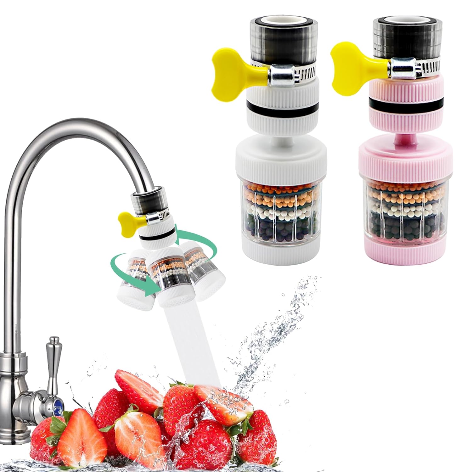 2 Pcs Water Tap Filter, Uooker 360°Rotating Activated Carbon Kitchen Tap Filter, Removes Chlorine Fluoride Heavy Metals Hard Water Softener Water Sink Faucet Filter for Kitchen Bathroom Shower Hose