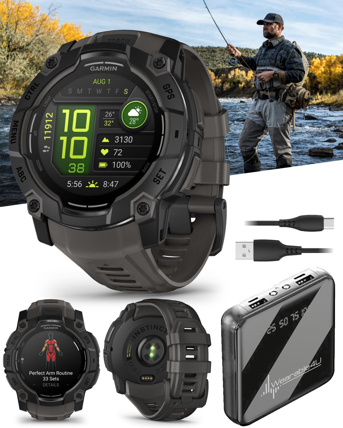 Wearable4U Garmin Instinct 3 50 mm, AMOLED Display, Rugged Outdoor GPS Smartwatch, Metal-Reinforced Bezel, Built-in Flashlight, Up to 18 Days of Battery Life, Black with Charcoal Band Bundle