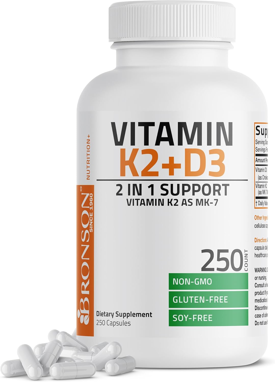 Bronson Vitamin K2 D3 (MK7) Supplement 2-in1 D3 & K2 Complex, 250 Capsules