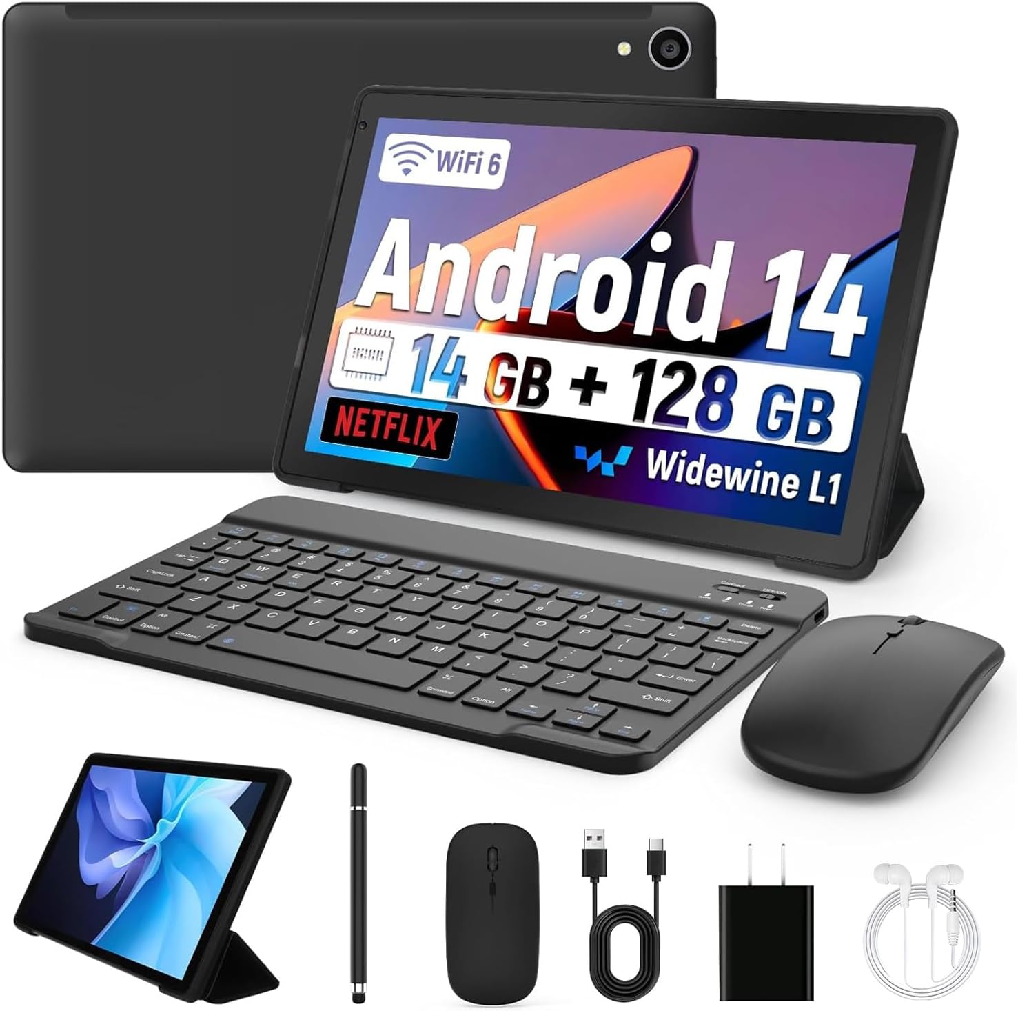 Whitedeer 10 inch Tablet Android 14, 14GB+128GB/2TB Expanded, Octa-Core Tablets, 800 * 1280 HD丨WiFi 6丨BT 5.0丨5000mAh丨5MP+8MP, Widevine L1, Tab with Keyboard丨Mouse丨Stylus丨Tablet Case丨 Headphone(Black)