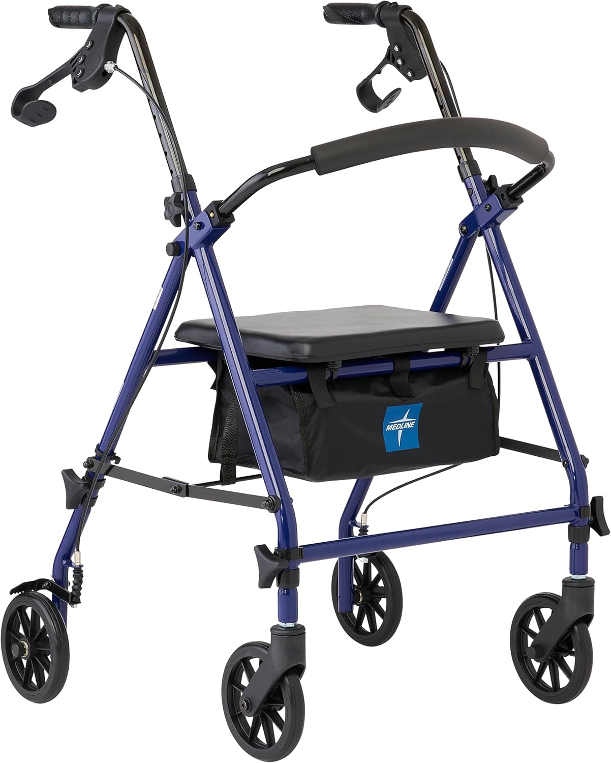 Medline Rollator Walker with Seat, Steel Rolling Walker with 6-inch Wheels Supports up to 350 lbs, Medical Walker, Blue