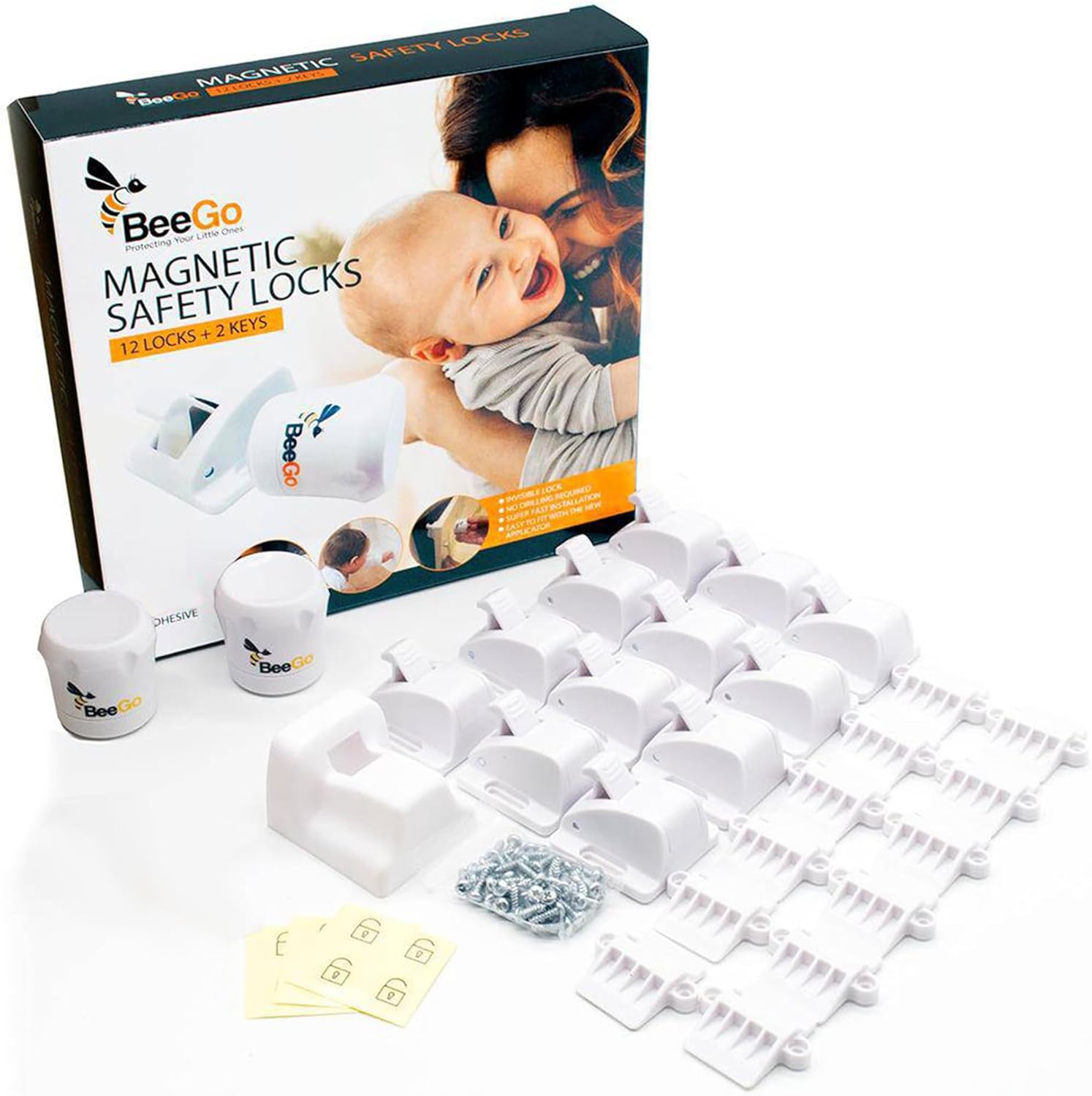 BeeGo® Magnetic Safety Locks - 12 Locks + 2 Key, Baby & Child Lock for Kitchen cupboards, Cabinets & Drawers, Baby Proofing Your Home, Easy to Install, No Tools or Drills Required Child Safety Locks