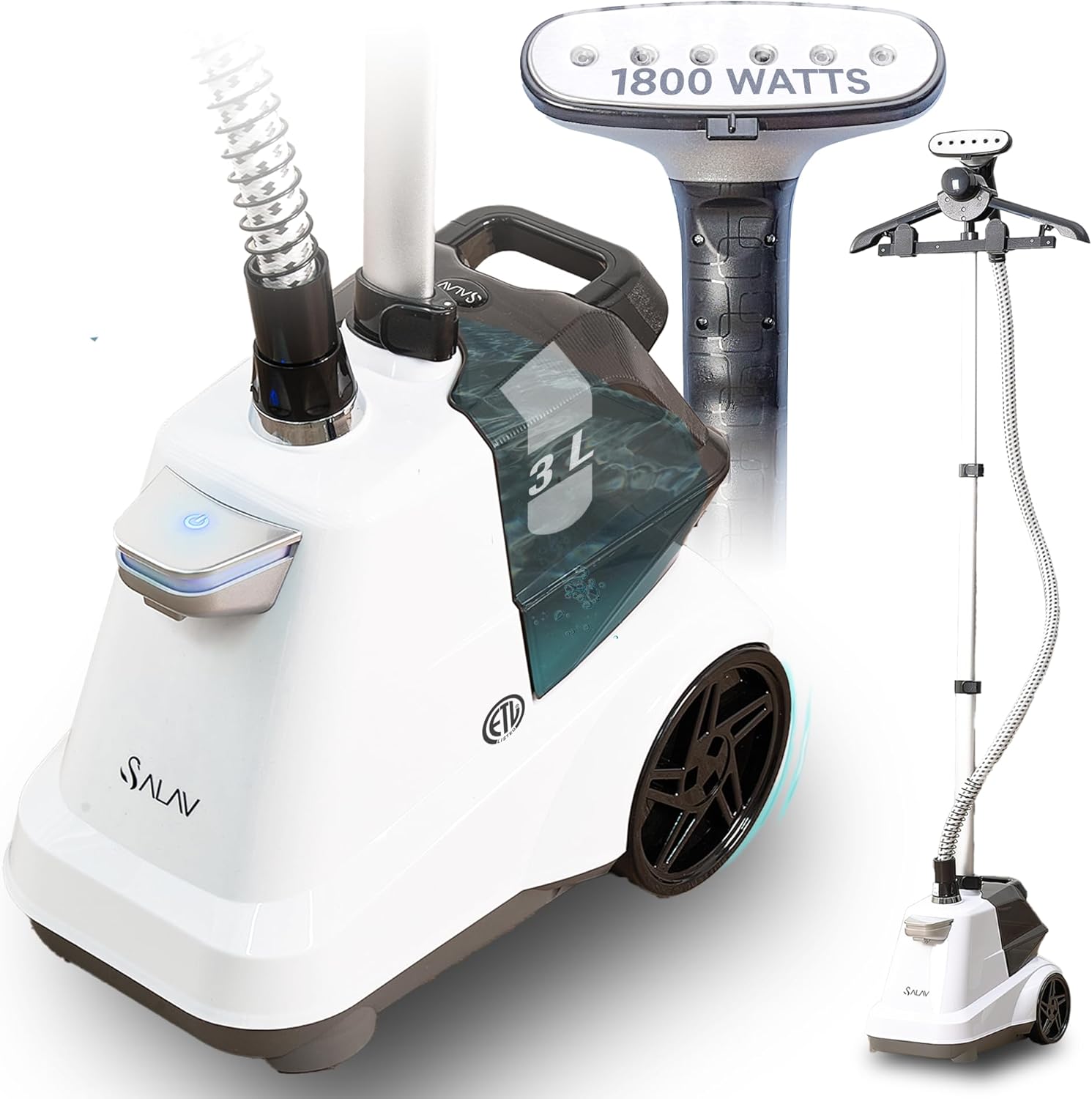 SALAV Heavy Duty Commercial Full-Size Garment Steamer with Foot Pedals and Extra Large 3L (101.5 oz) Water Tank, 1800 watts, 90+min of Continuous Steam (White)