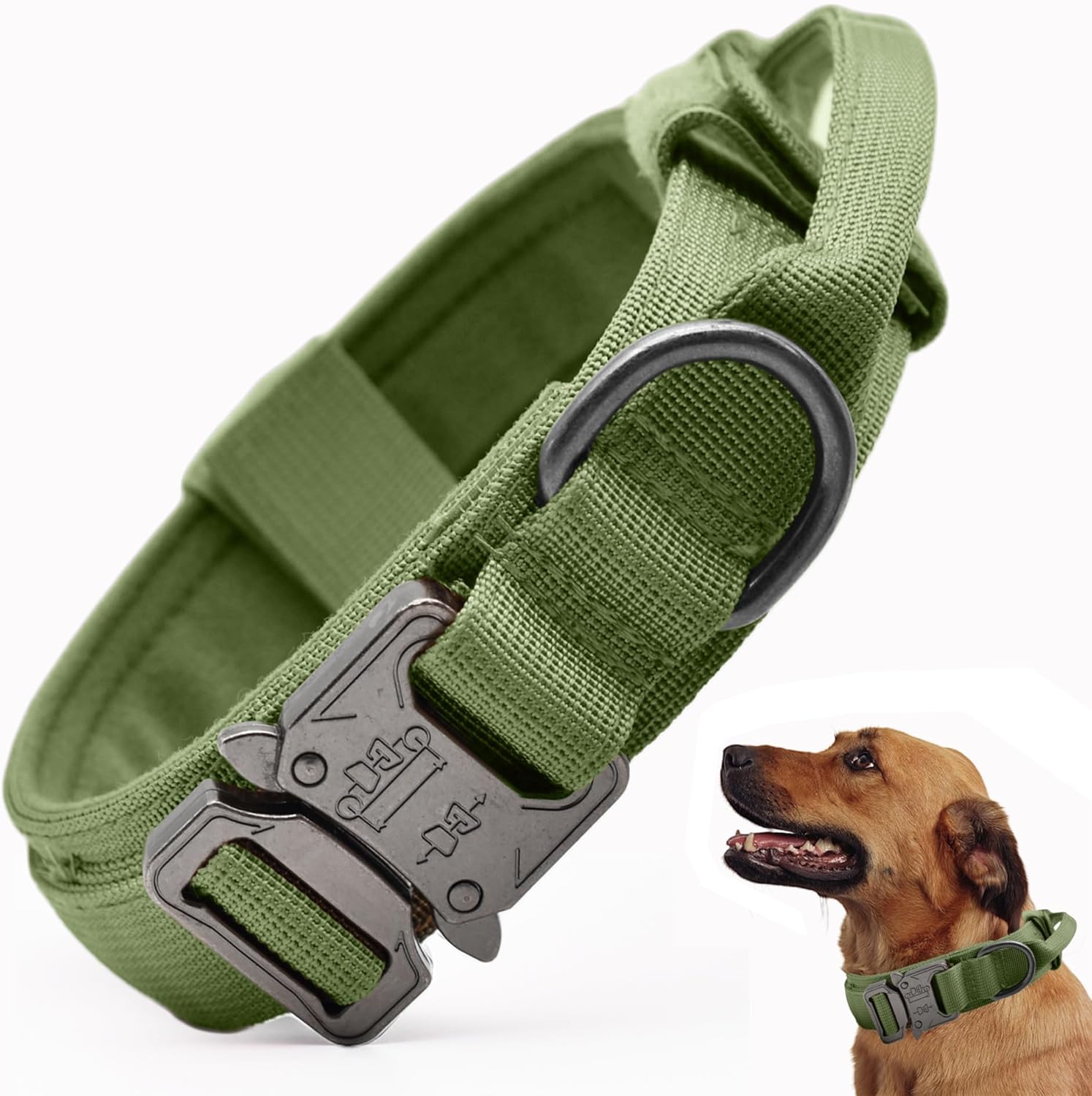 Tactical Dog Collar, Adjustable Military Training Nylon Dog Collar with Control Handle and Heavy Quick-Release Metal Buckle for Small Medium Large Dogs, Green L