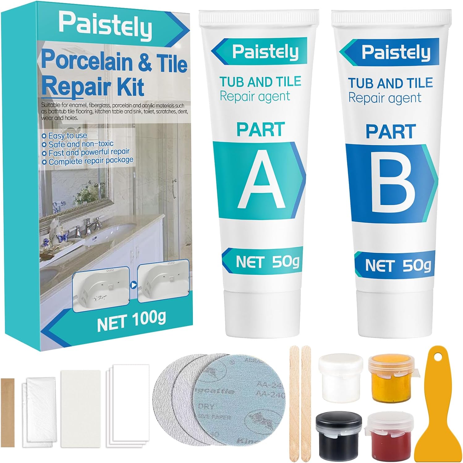 Porcelain Repair Kit, Tub, Tile and Shower Repair Kit, Waterproof and Leak-Proof Fiberglass Tub Repair Kit, Tile Repair Kit for Ceramic, Porcelain, Marble, Quartz, Resin, Granite and More (4 Colors)