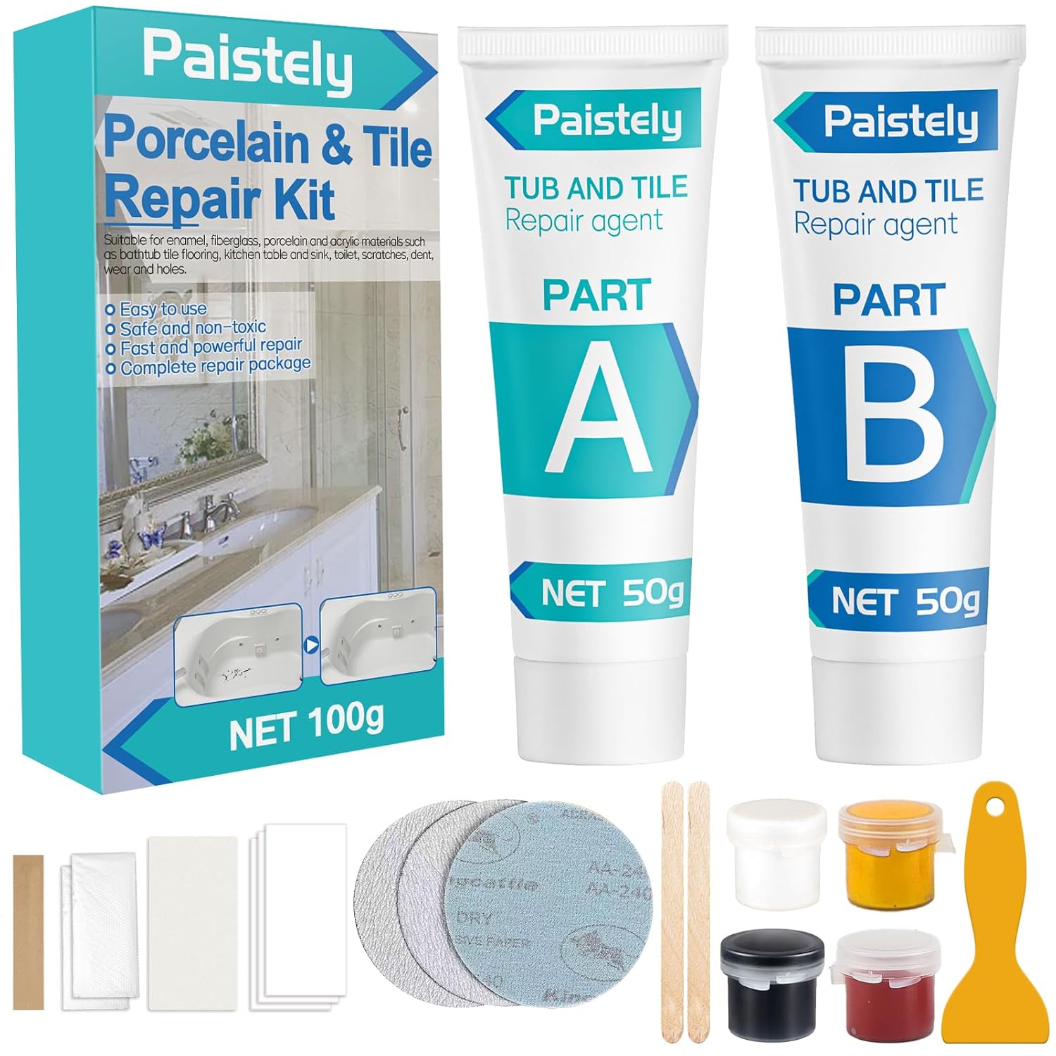 Porcelain Repair Kit, Tub, Tile and Shower Repair Kit, Waterproof and Leak-Proof Fiberglass Tub Repair Kit, Tile Repair Kit for Ceramic, Porcelain, Marble, Quartz, Resin, Granite and More