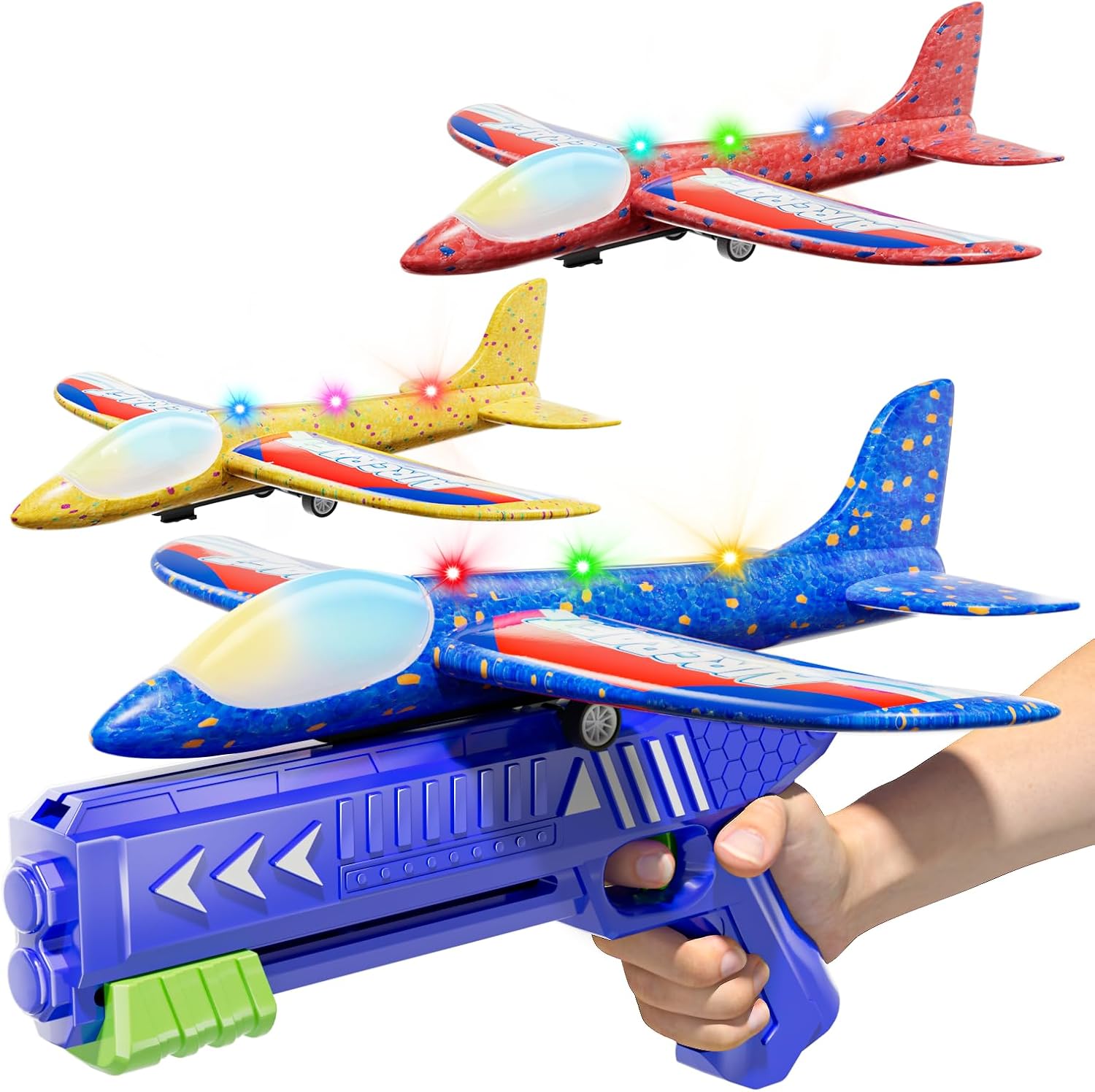 3 Pack Airplane Launcher Toys, 2 Flight Modes Foam Glider Airplane with Colorful Light, Kids Outdoor Flying Toys, Boys Toys for Ages 4-8, Gifts for 4-8 Years Old Boys Girls