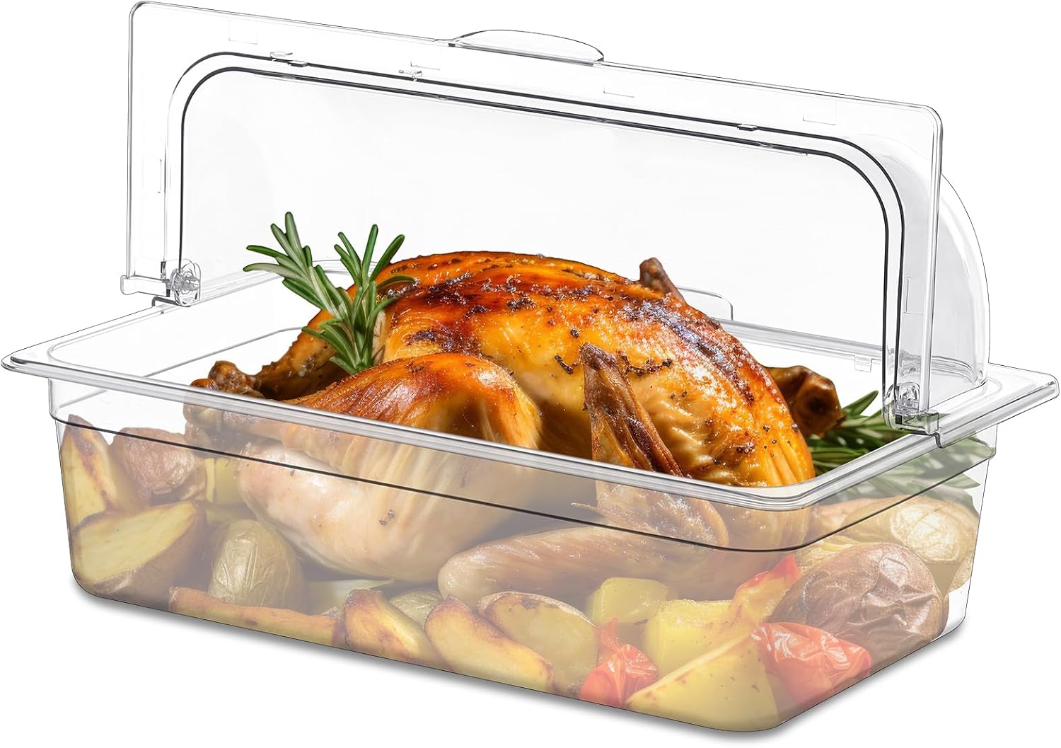 Baderke Clear Chafing Dish Cover with Base Full Size Roll Top Bakery Pan Display Cover Clear Plastic Chafing Dessert Cake Cover Food Display Cover for Cake Cupcake Exhibition