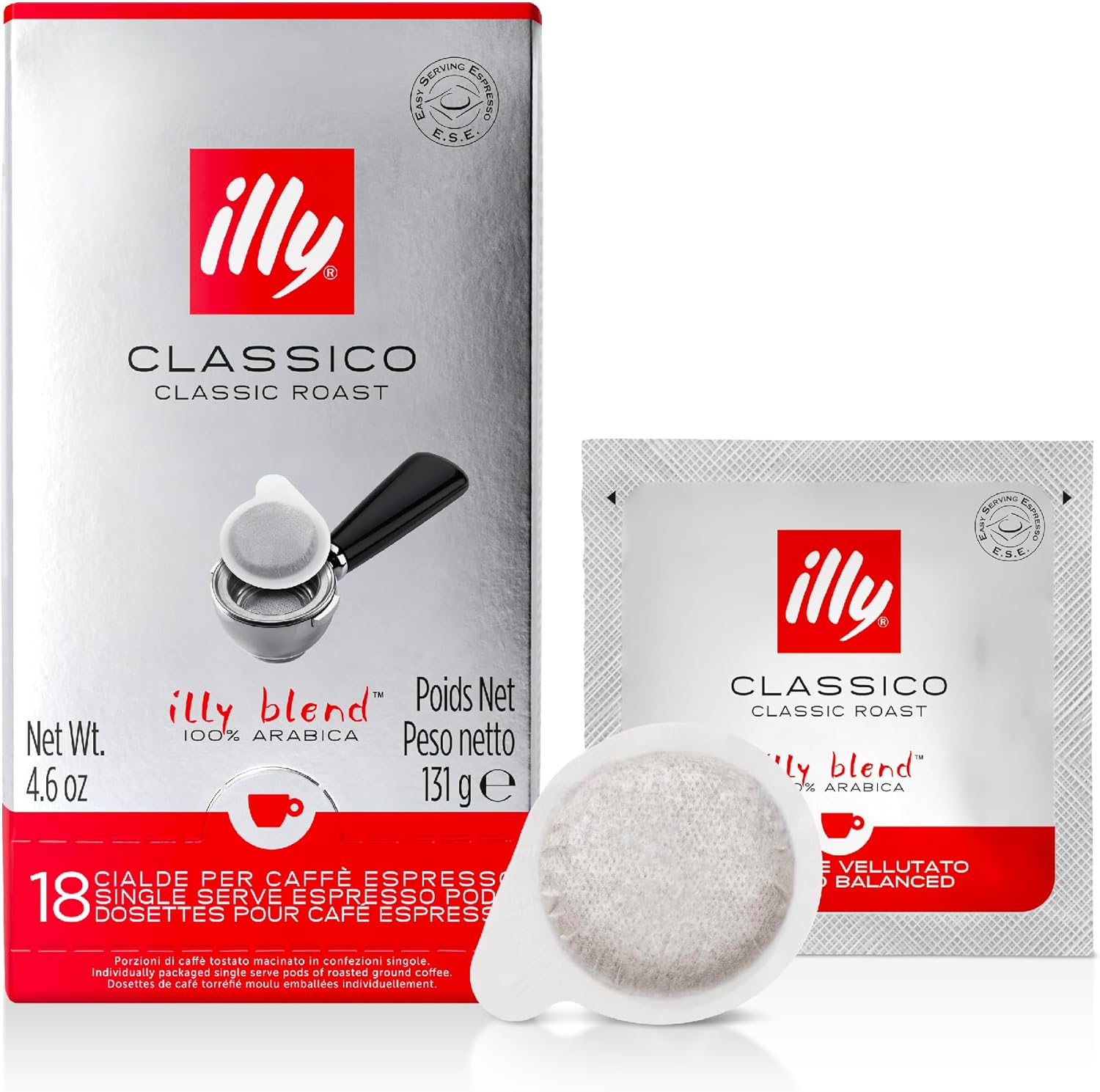 illy - ESE Coffee Pods - Classico Medium Roast - 100% Arabica Coffee - Compatible with ESE Machines - 18 Individually Wrapped Capsules