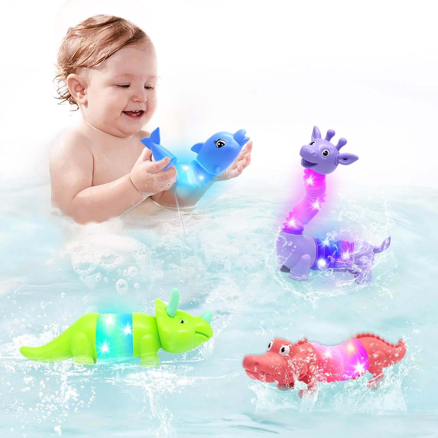 DELEE Bath Toys 4Packs Animal Shaped Pop Tubes Baby Bath Toys with LED Lights Floating Swimming Water Toys,Perfect for Bath Time Fun,Travel,Pool Play,Idea Gift for 3 4 5 year olds Toddlers and Kids