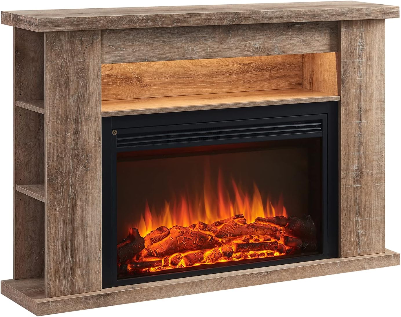 FLAMME 51" Lipson Electric Fireplace Suite Rustic Light Oak Colour with Storage Shelves Includes 2000w Heater with Glass Fronted Flame Effect, Remote Control