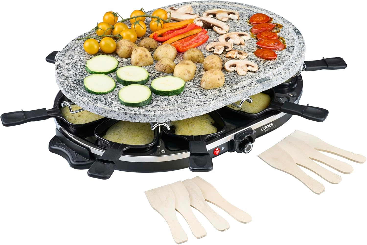 Cooks Professional Electric Raclette Grill 1200W with Stone Plate | Includes 8 Cheese Fondue Pans, Wooden Spatulas, Non-Stick Grilling Surface & Thermostat Control | Perfect for Parties & Group Dining