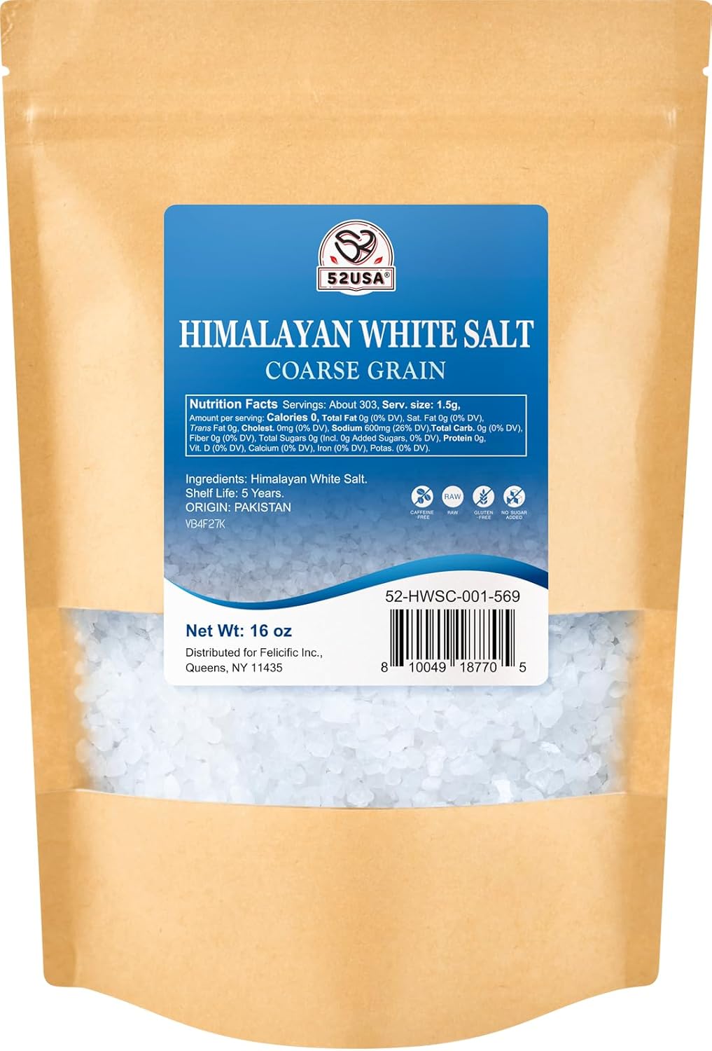 52usa Himalayan White Salt Coarse Grain, Non - Gmo, Kosher Salt, 1lb