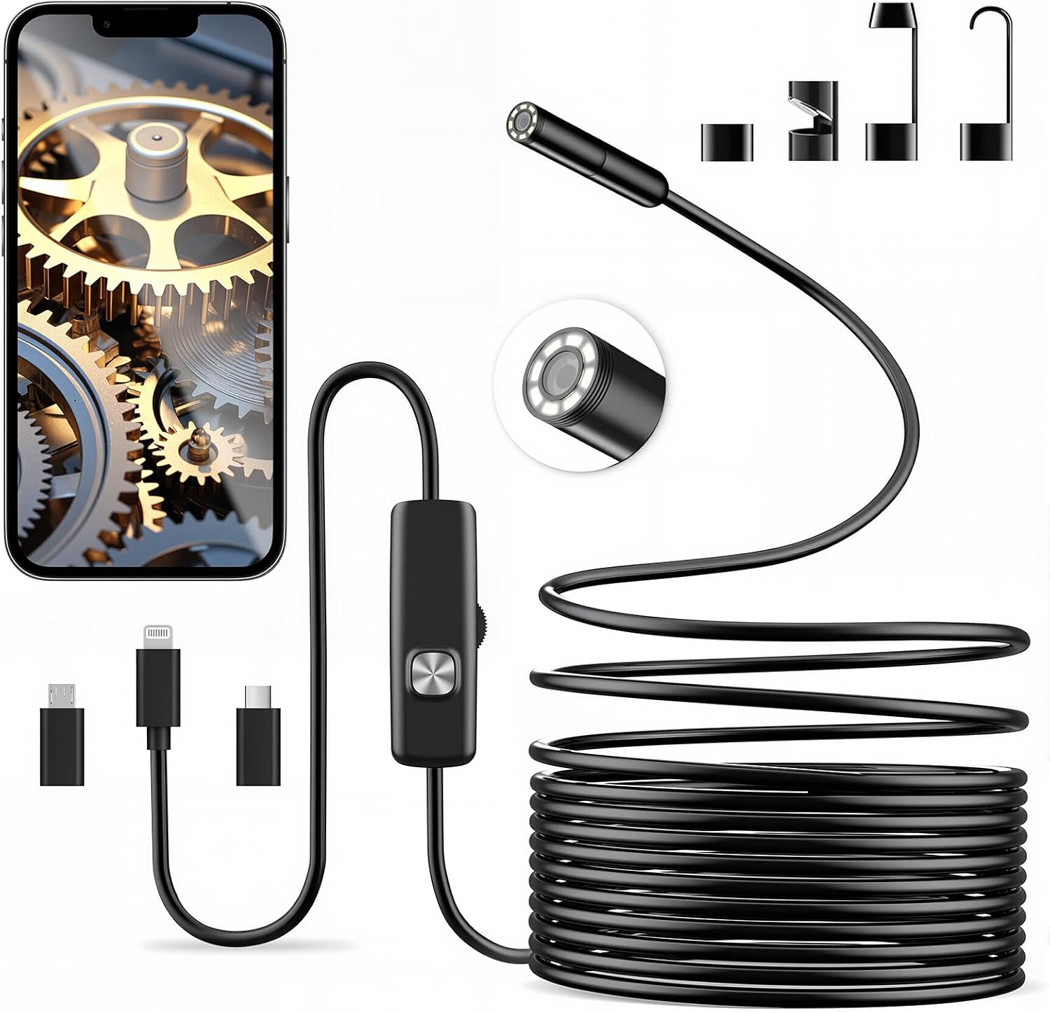 Endoscope Camera with Light, Single-Lens 1920P HD Borescope with 8 Adjustable LED Lights, Endoscopic Visualizer for iPhone & Android, 16.4ft Semi-Rigid Boroscope Inspection Tool