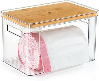 Hudgan Stackable Storage with Bamboo Top for Laundry Room Organization, Extra Large Trash Bag Holder Dispenser